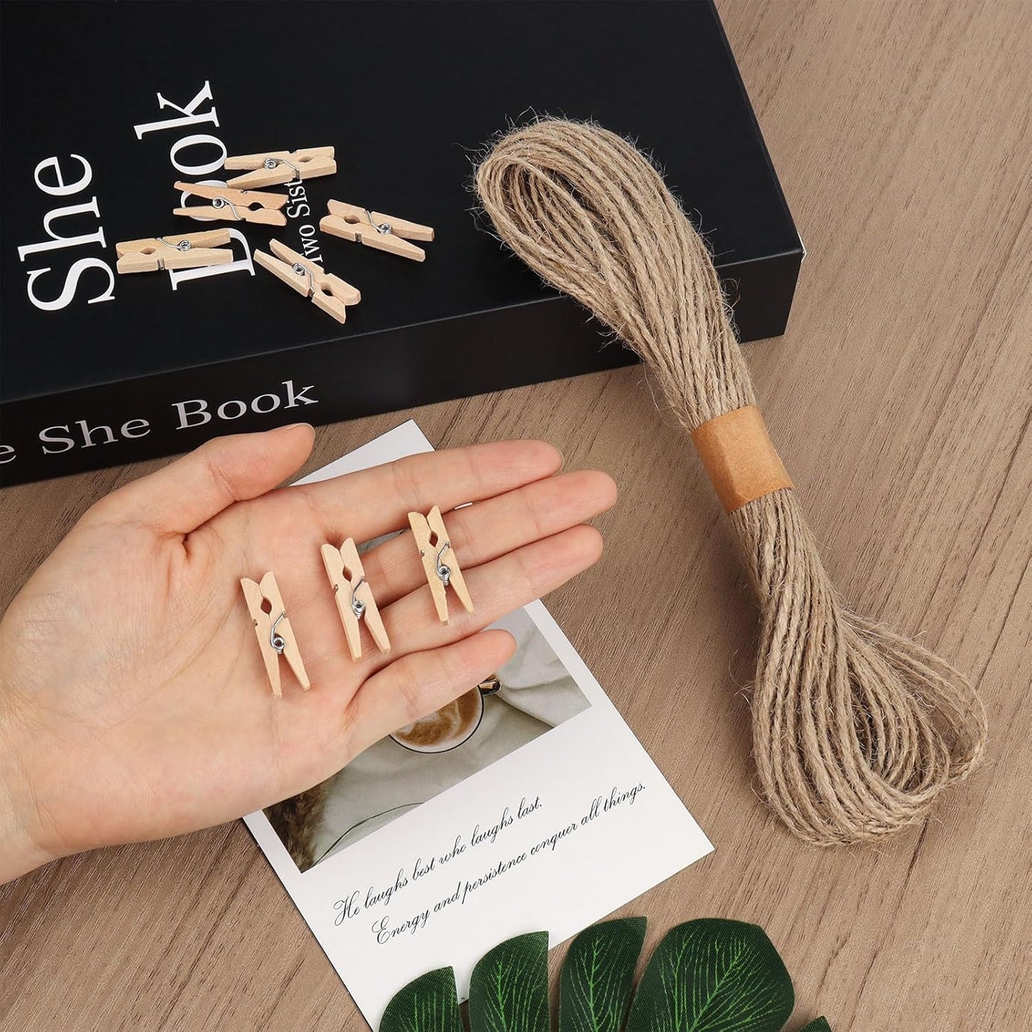 100 Pcs Wooden Clothespins for Photo Hanging Display, Mini Clothes Pins with String, Photo Display Hanging Clips for Crafts Pictures Photos Home Birthday Wedding Party Decoration