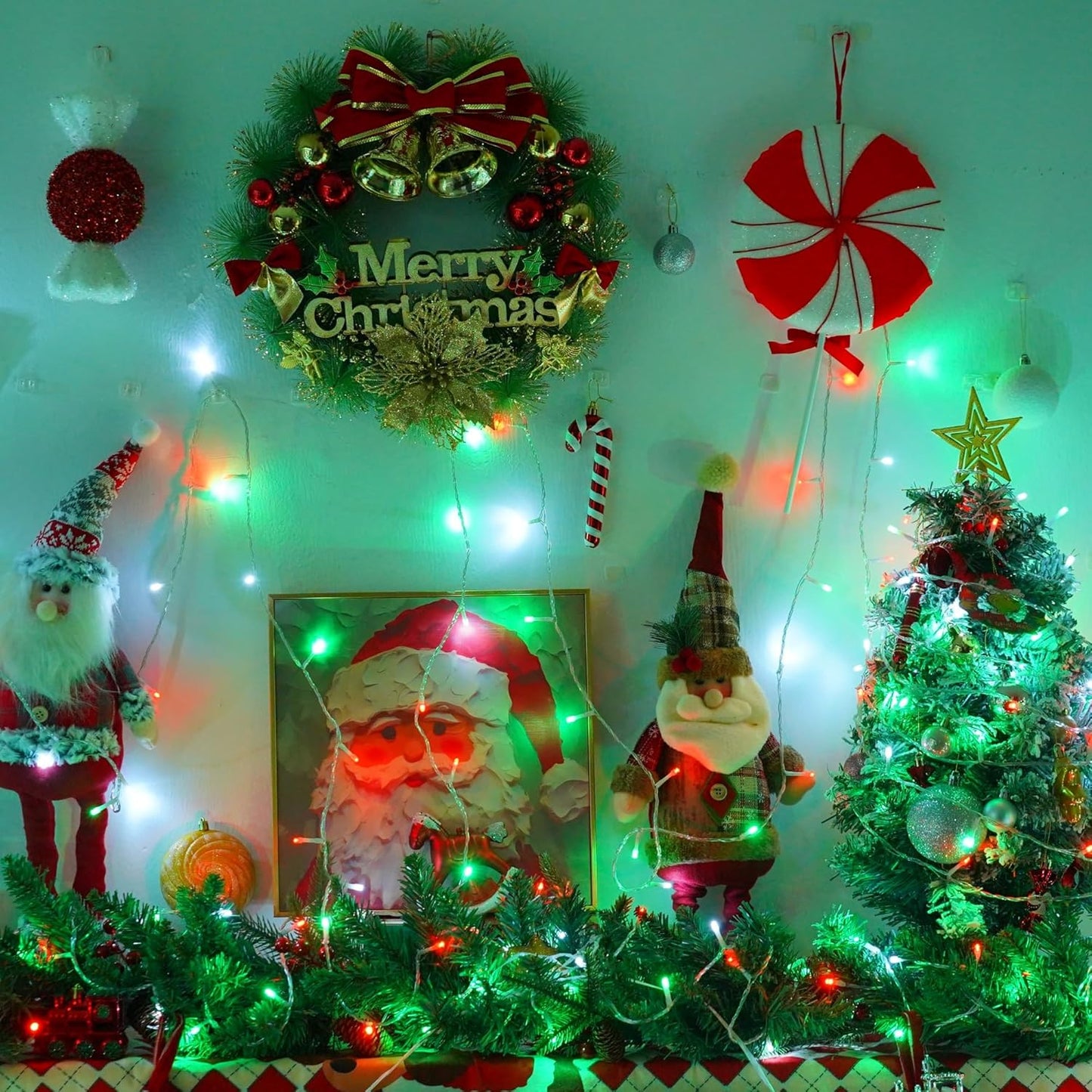 YEGUO 165ft 500 LED Christmas Lights Outdoor Waterproof, Clear Wire String Lights Indoor Plug in, 8 Modes Clear Wire Twinkle Tree Light for Xmas Party Garden(Red White and Green)