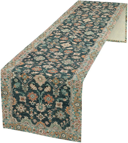 Vintage Boho Floral Table Runner, Rustic Country Farmhouse Blue Teal Red Bohemia Flower Pattern for Home Kitchen Table Decor Dining Coffee Room Party Decor 13x90in