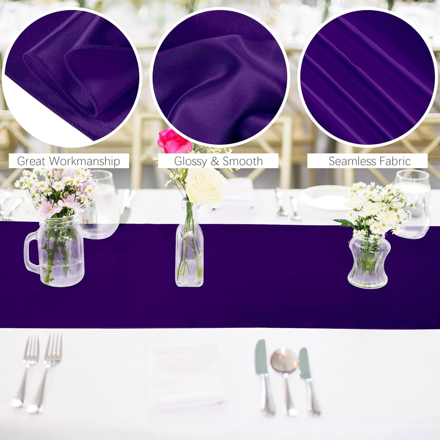 Aneco Satin 12 Pack Table Runner 12 x 108 Inch Dark Purple Long Wedding Satin Silk Table Runner for Wedding Banquet Graduations Birthday Party Decoration