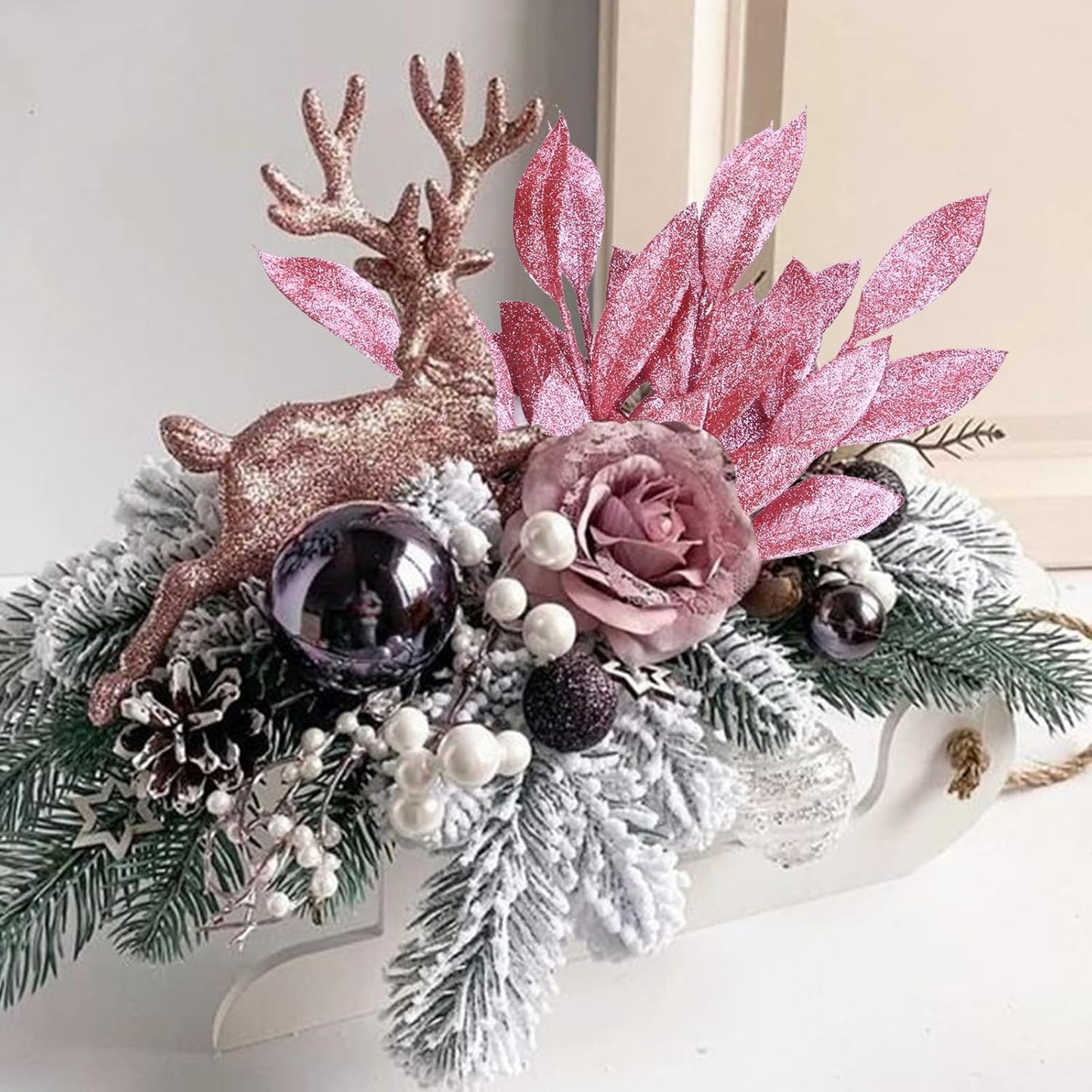 GREENTIME 12 Pack Artificial Pink Glitter Leaves 13" Fake Christmas Picks Decorative Glitter Sticks for Vase Christmas Tree DIY Wreath Crafts Fireplace Decor