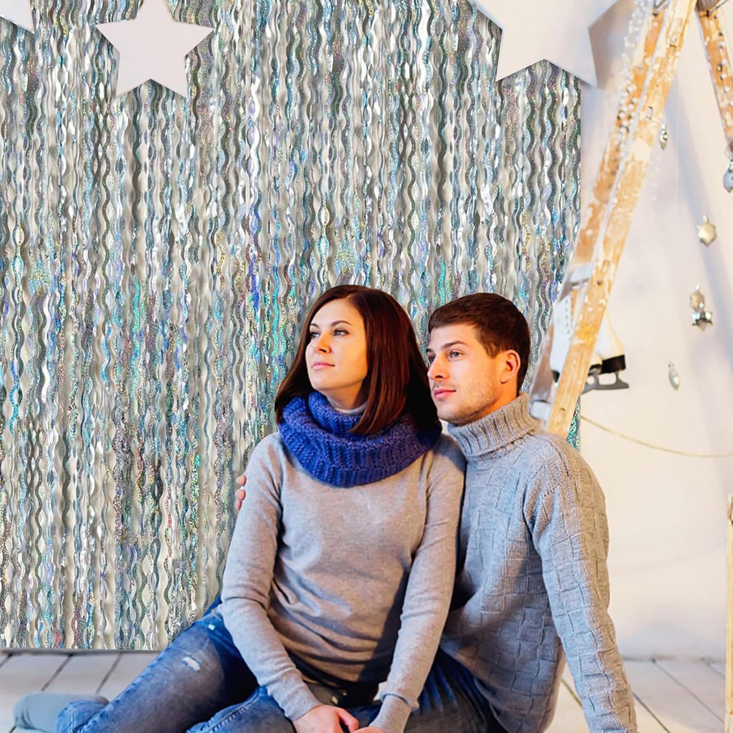 2 Pack Silver Backdrop Curtain Tinsel Streamers Sparkle Metallic Wavy Foil Fringe Photo Booth Props for Birthday Graduation Bachelorette New Year Christmas Wedding Disco Party Decorations
