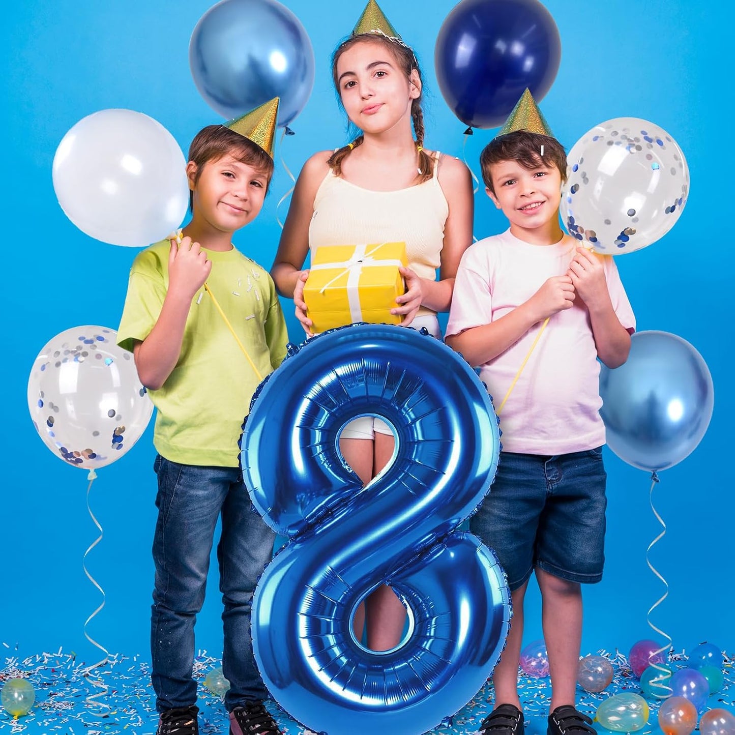 Giant Number Foil Balloon 8, Dark Blue Self Inflating 8th Birthday Balloon for Boys, 40'' 8 Balloon Light Navy Blue with Metallic Blue Silver Confetti Balloon for Anniversary Party Decoration Supplies