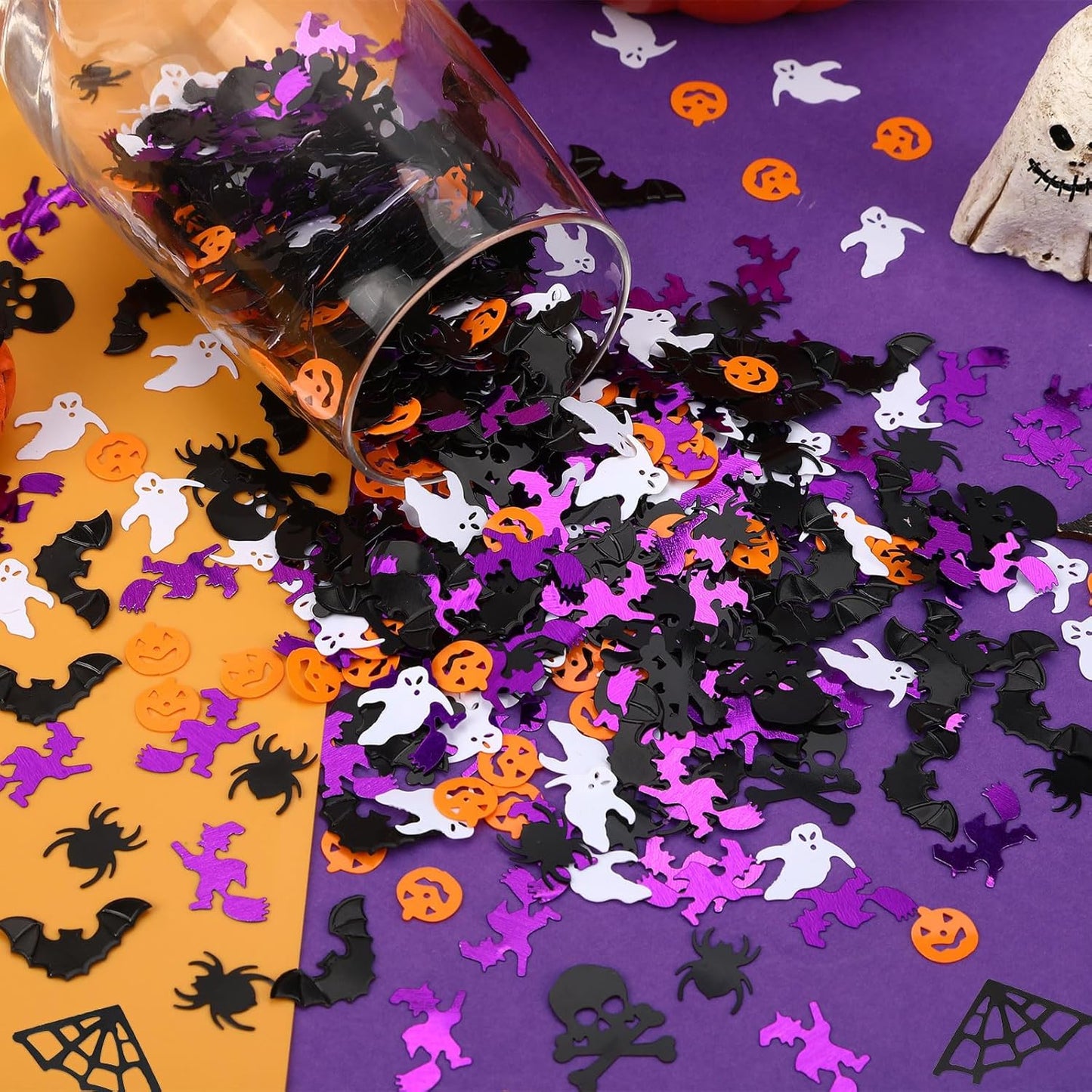 MARFOREVER Halloween Glitter Confetti Decorations, Halloween Party Confetti Scatter Black Orange Purple Ghost Bats Spider Pumpkin Table Sprinkles Sequin Decor for Halloweens Theme Party Supplies