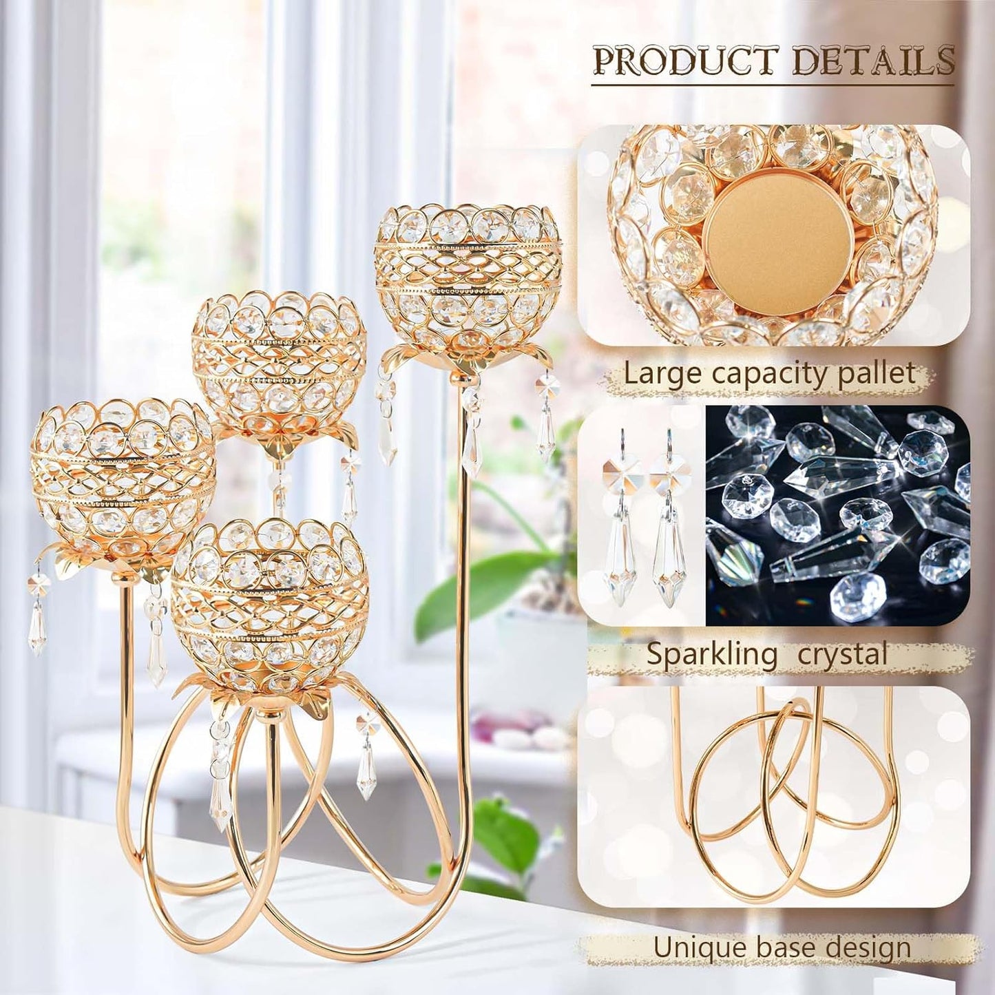 4 Arms Crystal Candelabra Tealight Holder - Tall 15.7 Inch Elegant Centerpiece with Crystal Pendant Bowls & Artistic Metal Stand for Wedding, Dining Table, Home Decor (2, Gold)