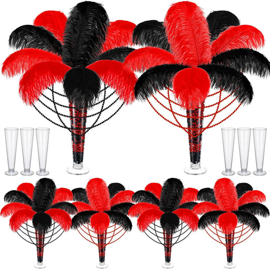 6 Sets Wedding Table Centerpiece Accessories Including 159 Pieces Natural Ostrich Feather Bulk Plastic Vases and Beads Necklaces for Wedding Home Party Centerpiece Supplies(Black, Red)