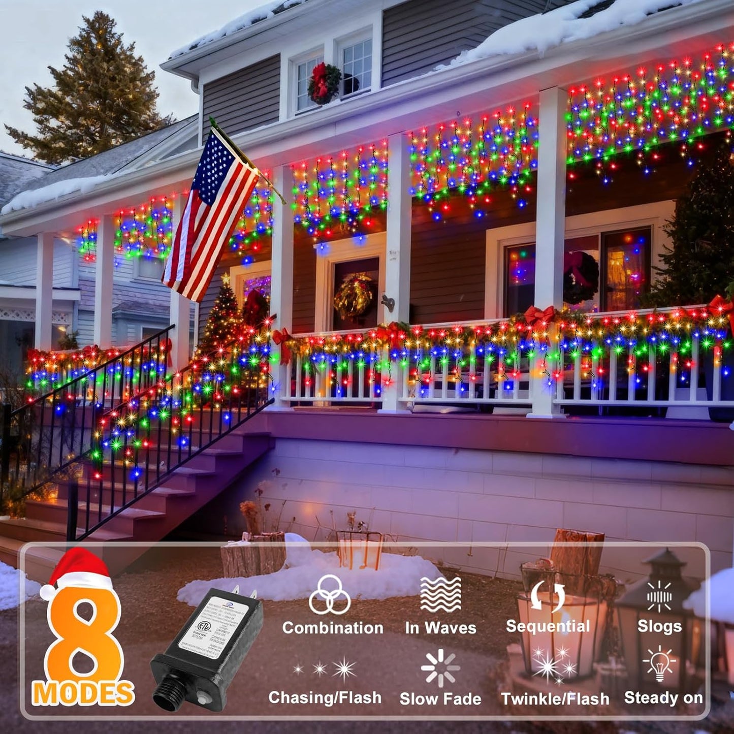 KNONEW 33FT 400 LED Christmas Lights Outdoor Black Wire String Lights with 75 Drops, 8 Lighting Modes, Timer Memory Function Connectable Hanging Curtain Lights for Halloween Party Decor(Multicolor)