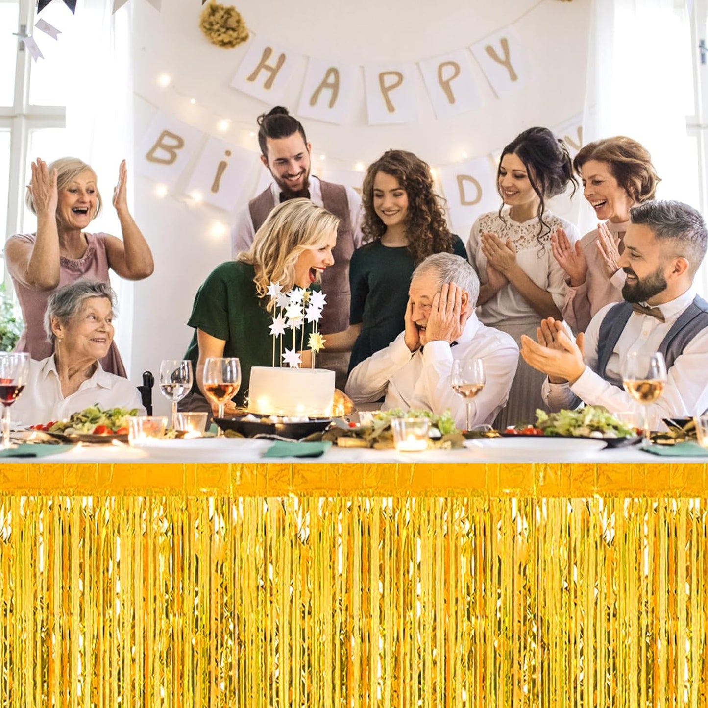 3 Pack 29 x108 Inch Gold Foil Fringe Table Skirts Metallic Banner for Tinsel Streamer Garland Backdrop for Parade Floats Wedding Thanksgiving Birthday Christmas Halloween New Year Party Decoration