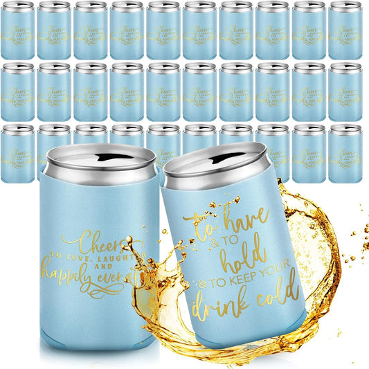 50 Pieces Light Blue Wedding Can Cooler Sleeves Bulk Engagement Party Favors for Guests Cheers to Love Laughter and Happily Ever After Rehearsal Dinner Decorations for Wedding Bridal