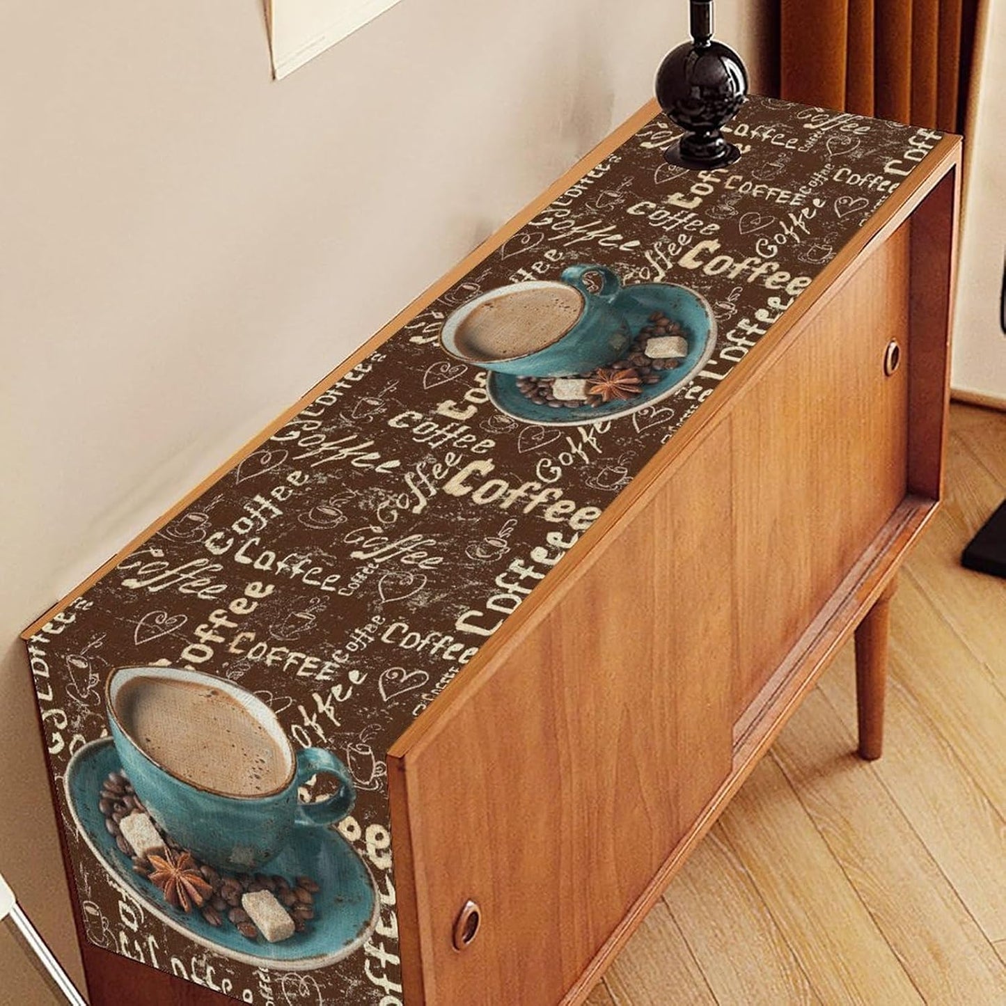 Coffee Theme Table Runner, Farmhouse Retro Brown Coffee Cup Tea Party Rustic Cafe Table Center Decor for Home Kitchen Dining Patio Holiday Party Indoor Outdoor Table Decorations,13"x36" Inch