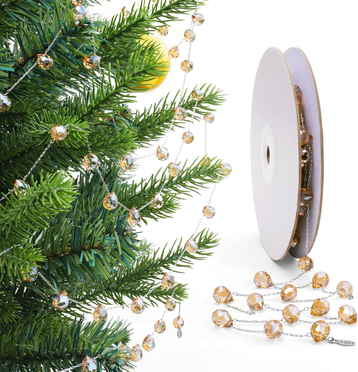 Christmas Garland, 9.8Ft Crystal Glass Beads Strands, 100pcs 10mm Faceted Waterdrop Glass Beads Hanging Ornament for Christmas Tree Centerpieces Wedding Party Decorations (Gold)