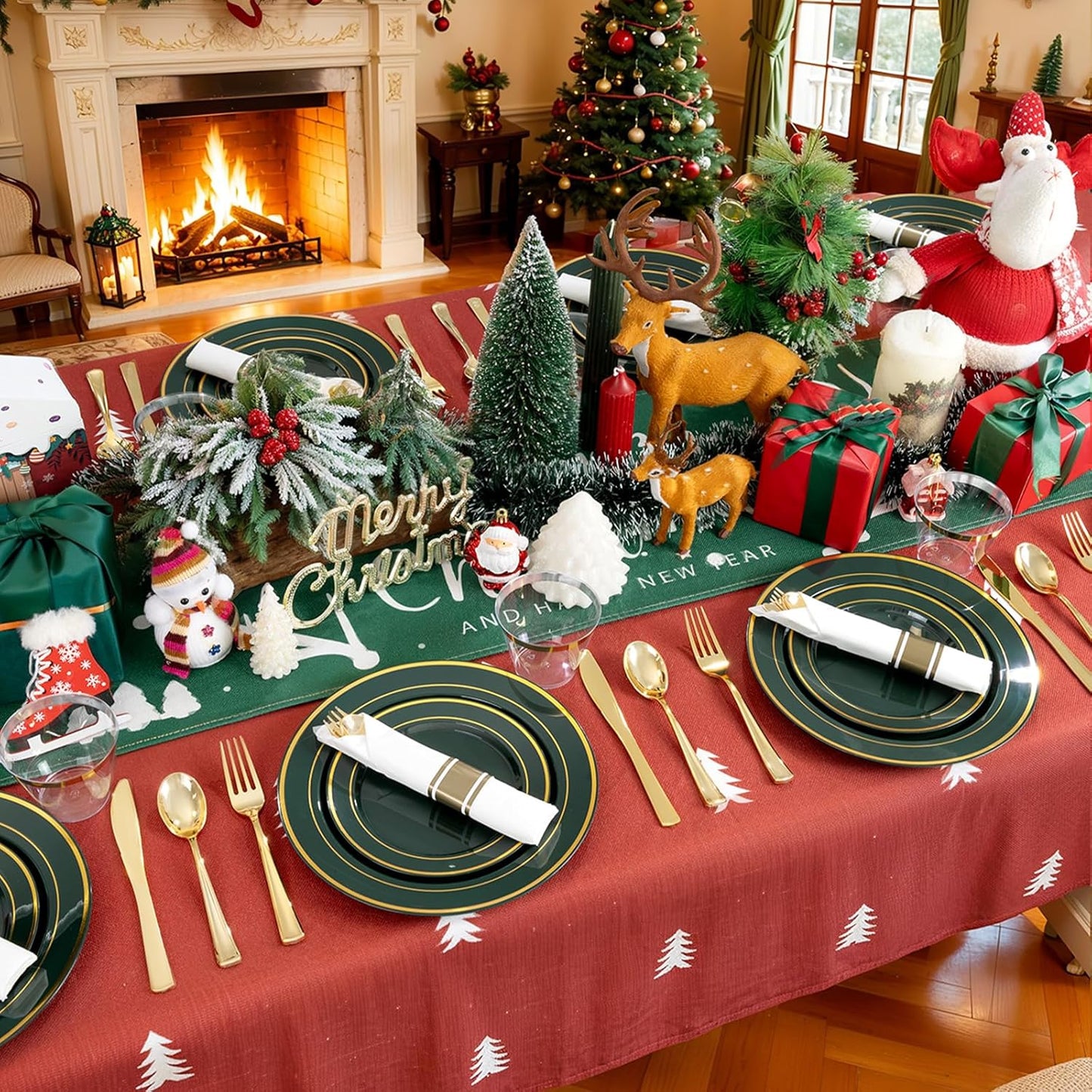 175PCS Green Plastic Plates - Green and Gold Disposable Plates 25Guests Plastic Christmas Plates with Rolled Napkins for Birthday/Christmas