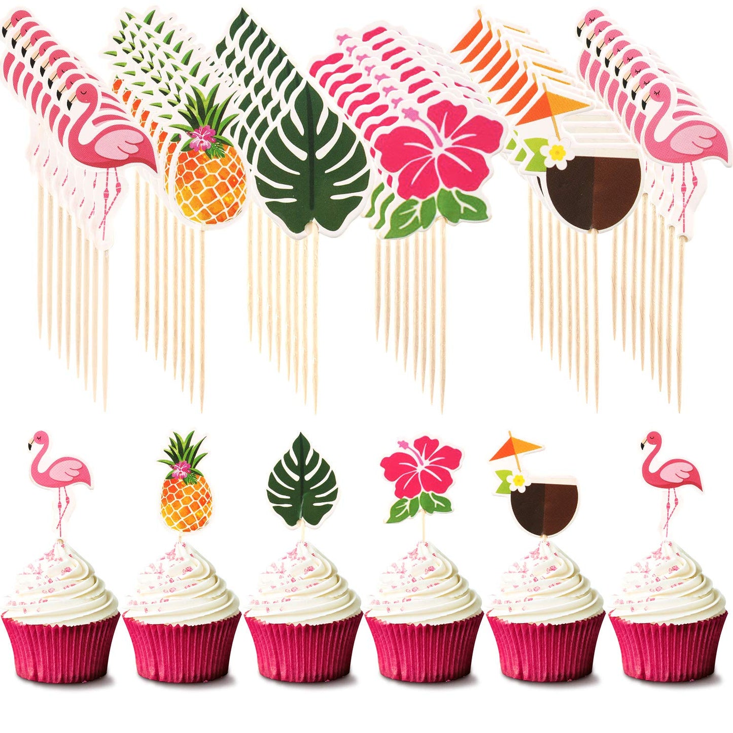 Luau Cupcake Toppers Tropical?Cake Decorations Hawaiian Toothpicks Sticks with Flamingo Pineapple Palm Leaves Shape Picks for Summer Beach Theme Party Favors Supplies, 6 Styles (144)