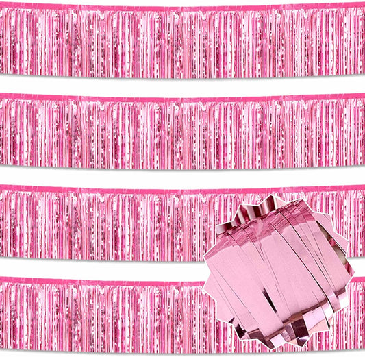 4 Pack 10 Ft Pink Foil Fringe Garland Metallic Streamers Tinsel Banner Wall Hanging Garland Backdrop for Parade Floats, Halloween, Christmas, Thanksgiving, New Year Party Decorations