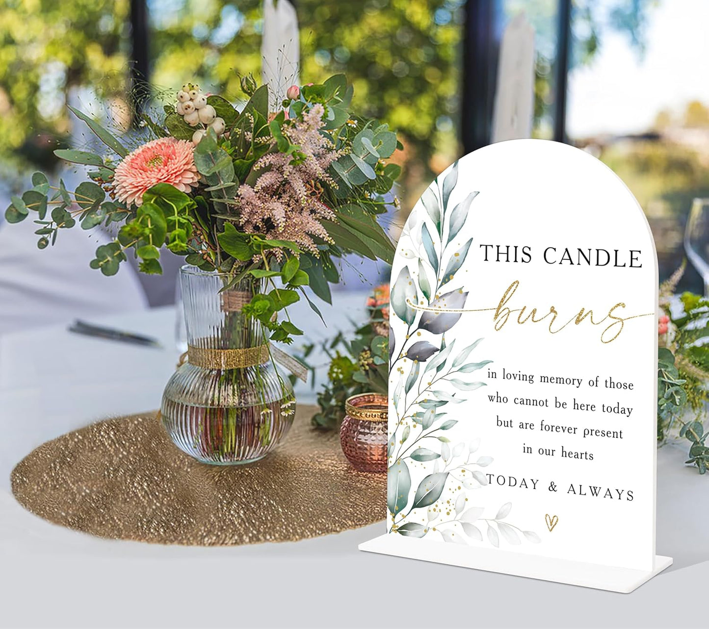Acrylic Wedding Signs, Greenery Theme This Candle Burns in Loving Memory of, Memorial Table Sign for Wedding, Bridal Shower Table Decor with Stand, Engagement, Anniversary, Newlywed Event Supplies, 25