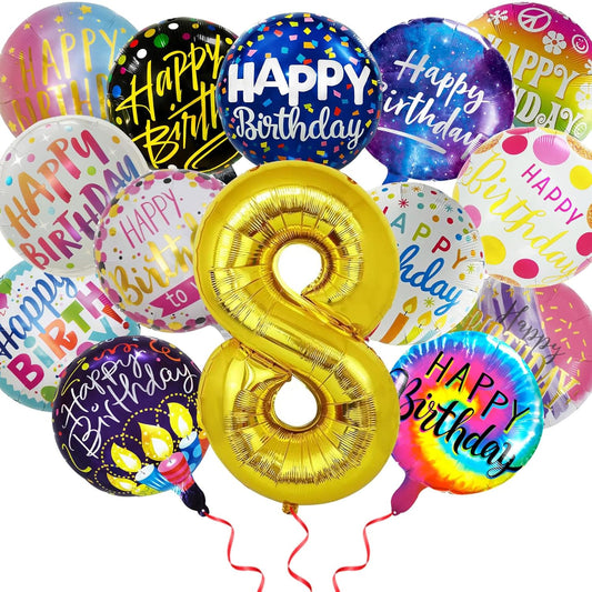 50 Pcs Happy Birthday Party Aluminum Foil Balloons and 8th Birthday Balloons, 18 Inch Round Aluminum Foil Balloon with" Happy Birthday" Sign, Birthday Party Decorations for Boys/Girls(Yellow, 8)