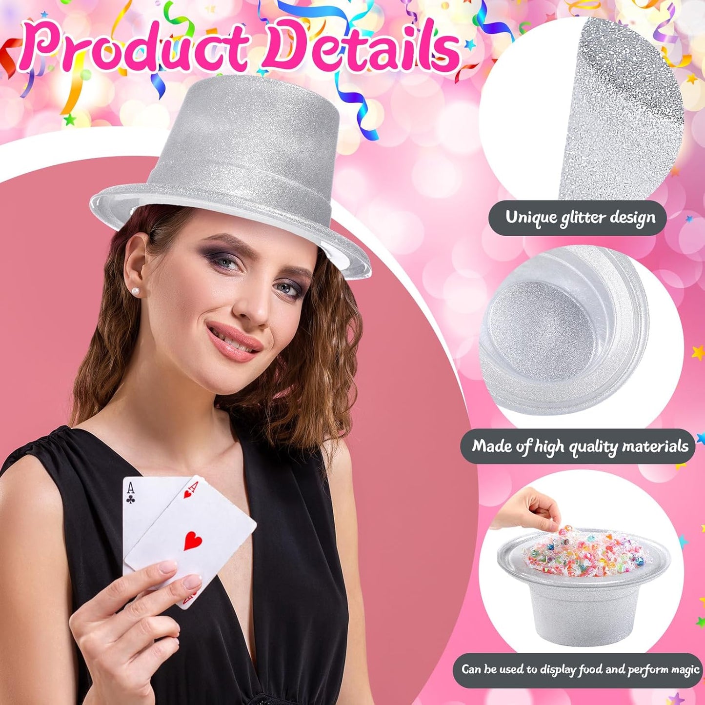 Hillban 24 Pcs Halloween Glitter Top Hat Bowler for Adults 1920s Dress Glitter Hats for Masquerades Party