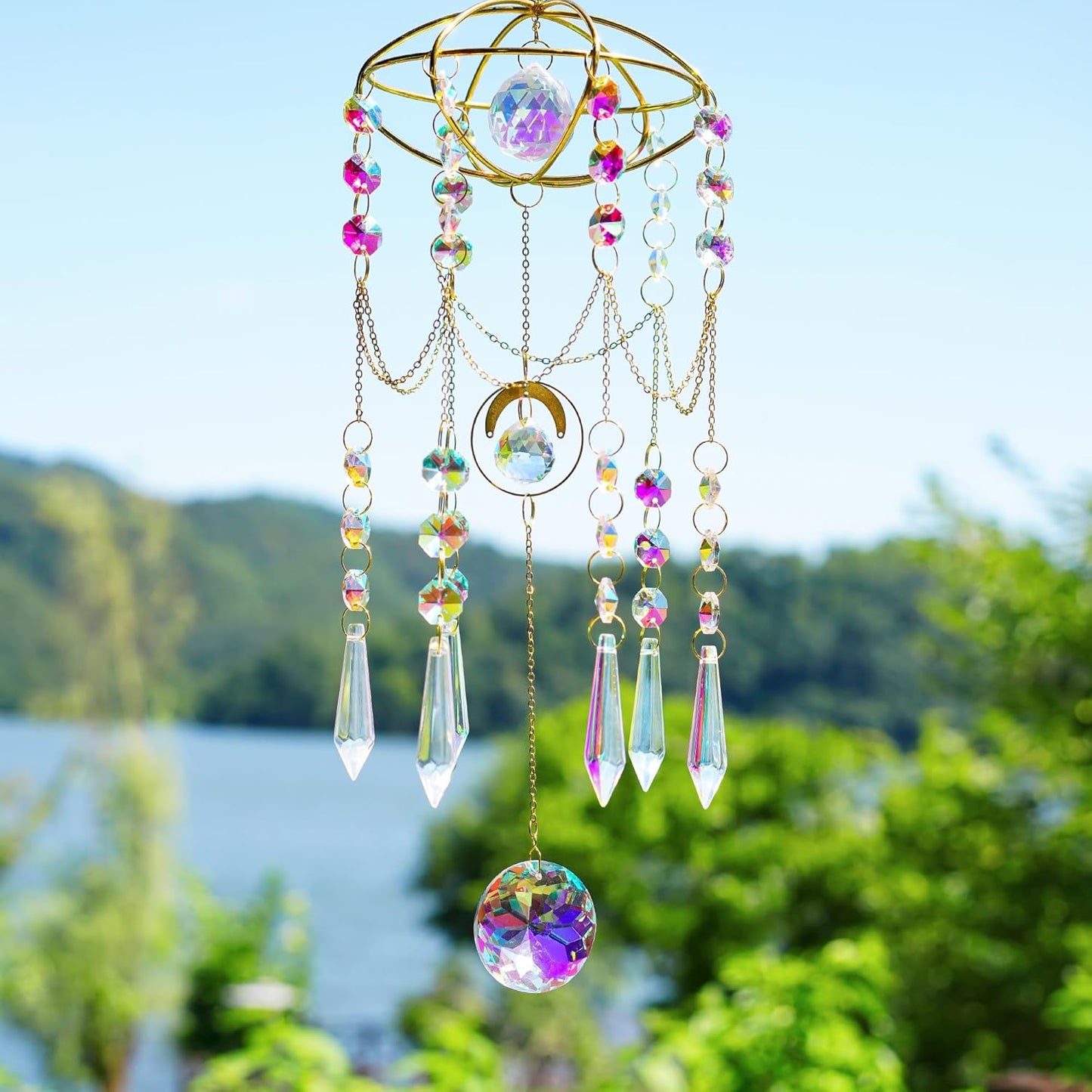 H&D HYALINE & DORA Colored Prisms Crystal Suncatcher Gold Window Sun Catcher Hanging Wind Chime Rainbow Sun Catcher for Home Garden Porch