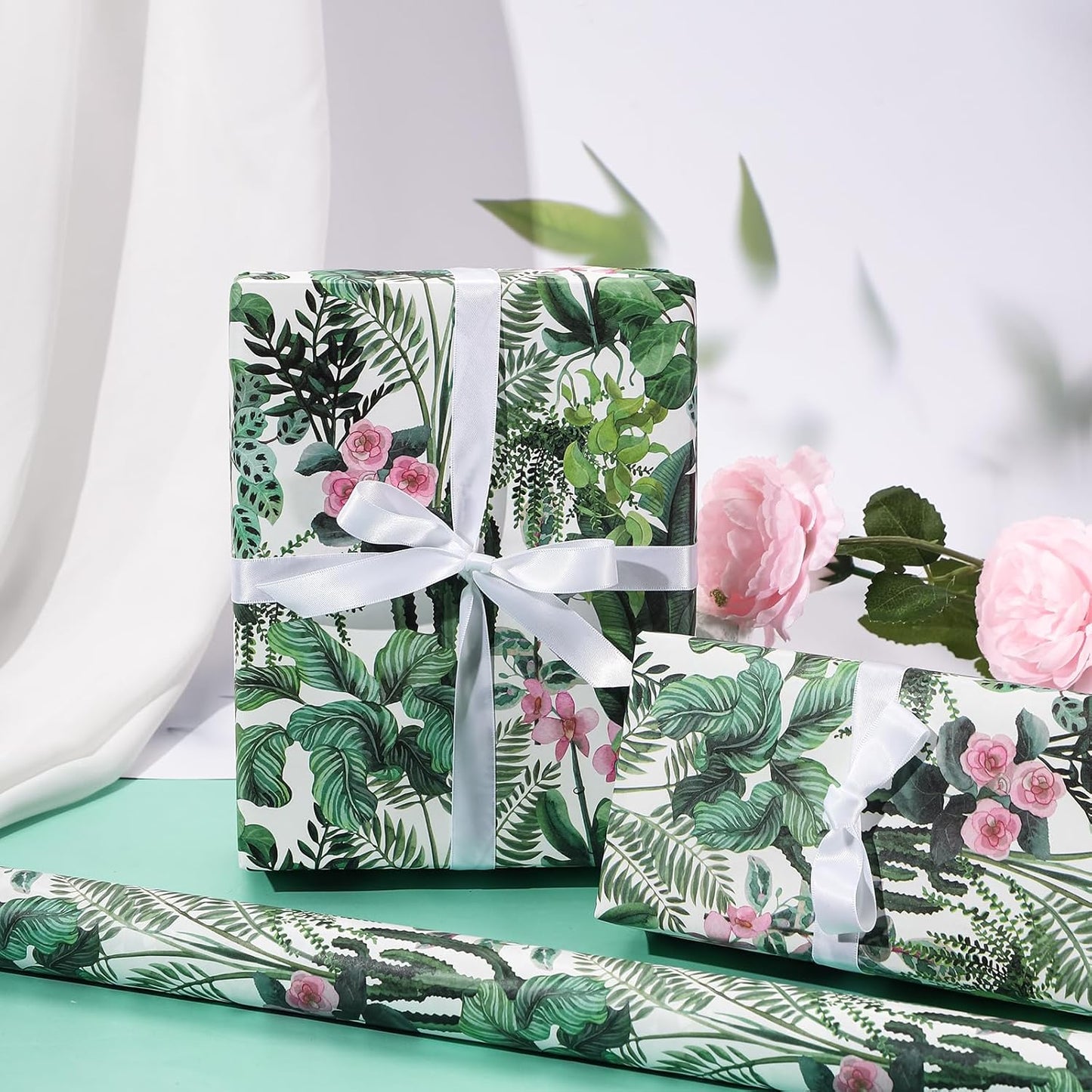 WRAPAHOLIC Kraft Wrapping Paper - Mini Roll - 17 Inch x 16.5 Feet - Green Plant Wrapping Paper for Wedding, Birthday, Bridal Shower, Tea Party, Drawer Liners, Home Closet Shelves