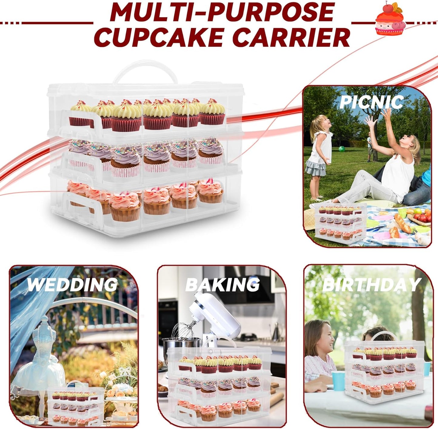 Cupcake Carrier, 3-Tiers Cupcake Containers, Holds 36 Cupcakes or 3 Large Cakes, Cupcake Holder, Cupcake Box with Lid and Handle (White, Basic)