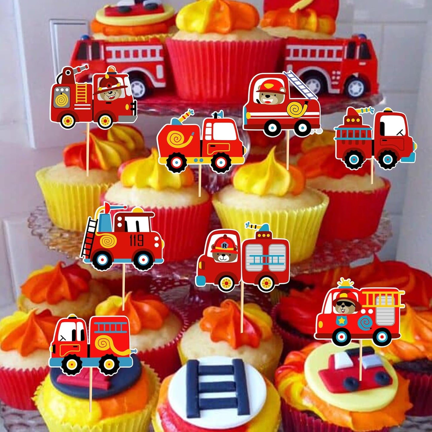 24pcs Fire Truck Cupcake Toppers Bear Firefighter Fire Truck Birthday Decorations Fireman Birthday Party Decorations