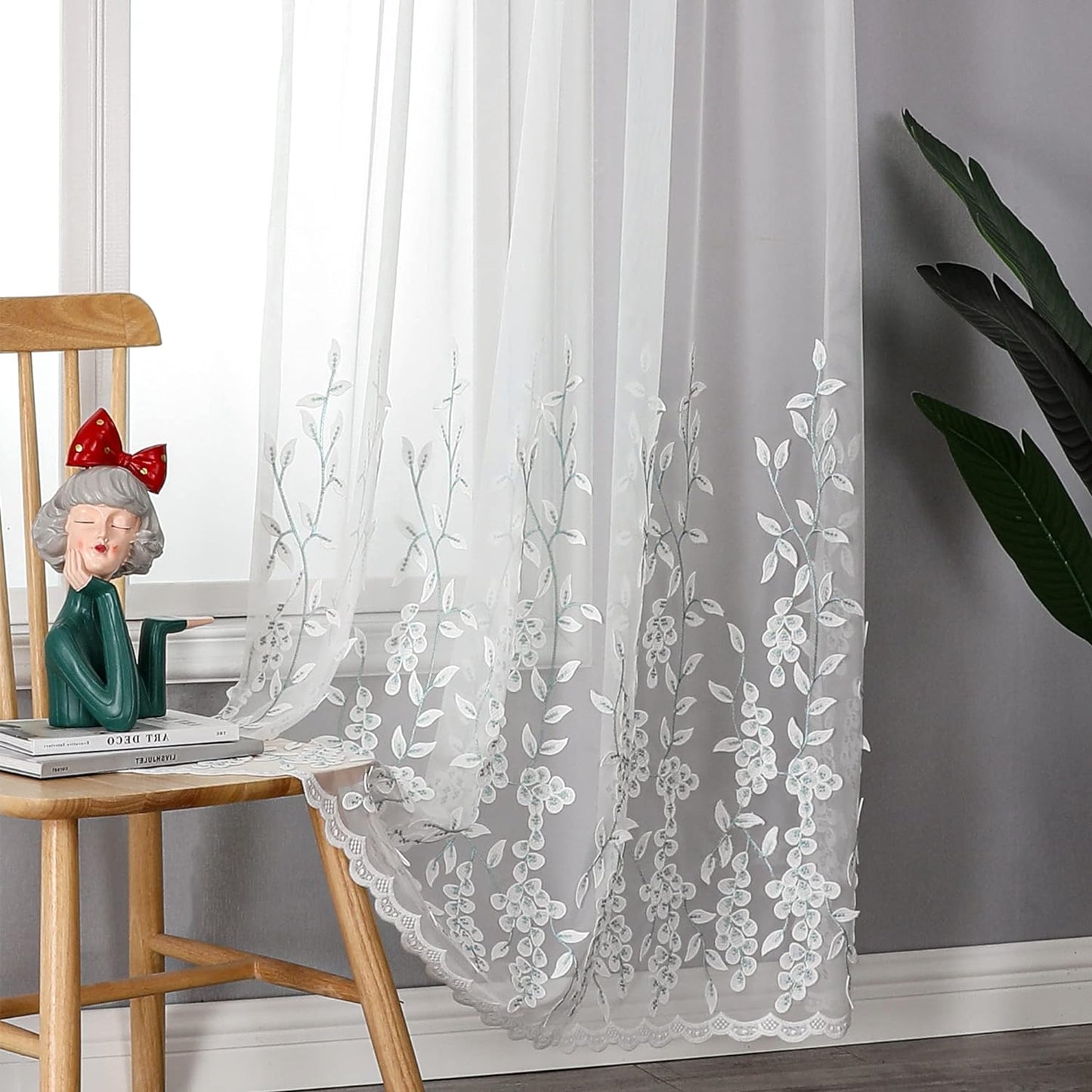 VISIONTEX White Sheer Voile Curtains, Decorative White Embossed Leaves Rod Pocket Window Drapes for Home Kitchen, Living Room and Bedroom 54 x 84 Inch, Set of 2 Curtain Panels