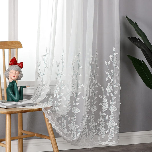 VISIONTEX White Sheer Voile Curtains, Decorative White Embossed Leaves Rod Pocket Window Drapes for Home Kitchen, Living Room and Bedroom 54 x 84 Inch, Set of 2 Curtain Panels