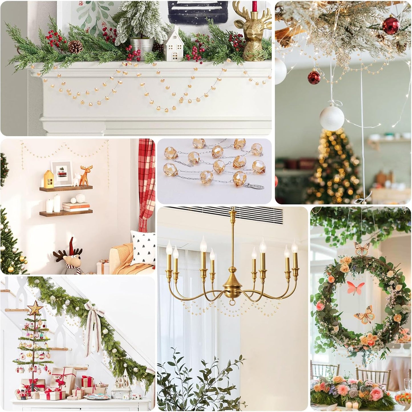 Christmas Garland, 9.8Ft Crystal Glass Beads Strands, 100pcs 10mm Faceted Waterdrop Glass Beads Hanging Ornament for Christmas Tree Centerpieces Wedding Party Decorations (Gold)