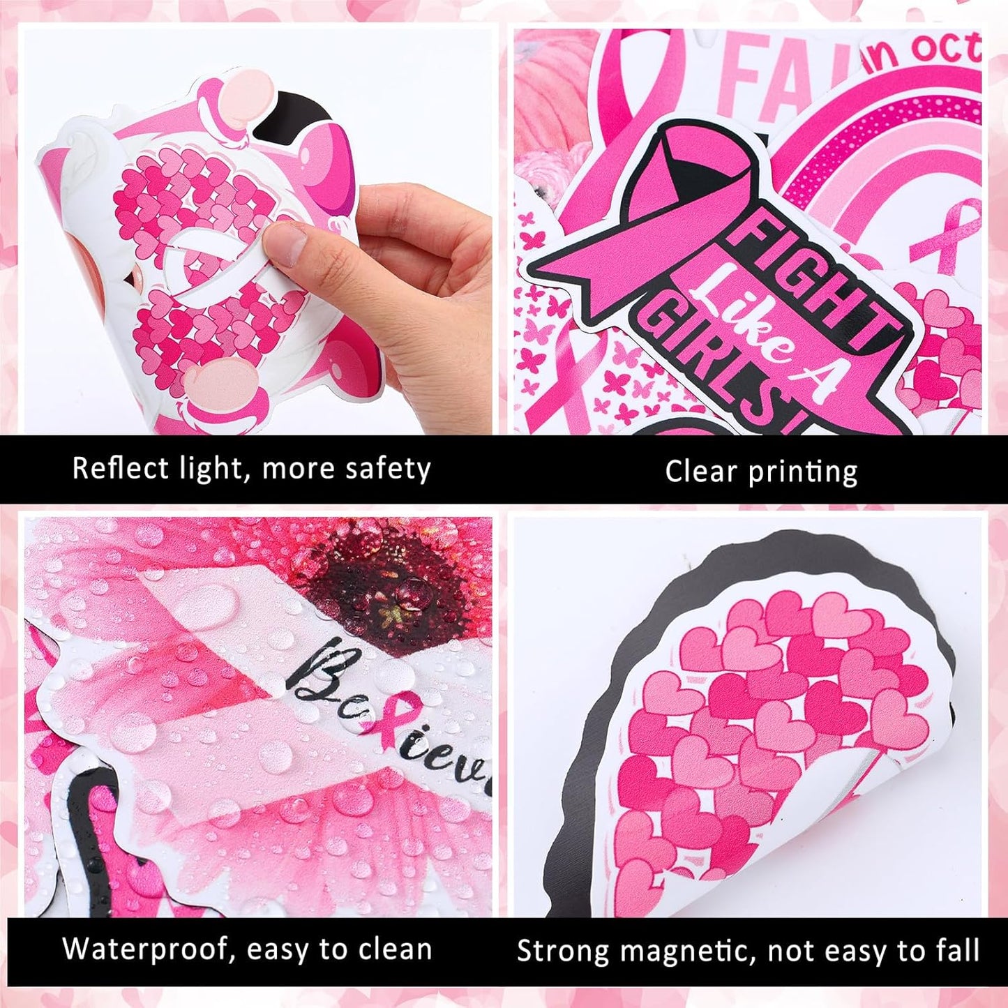 Xuhal 25 Pcs Breast Cancer Awareness Magnets Decoration Pink Gnome Ribbon Butterfly Flower Love Decorative Fridge Magnetic Stickers for Mailbox Car Metal Garage Door Decoration