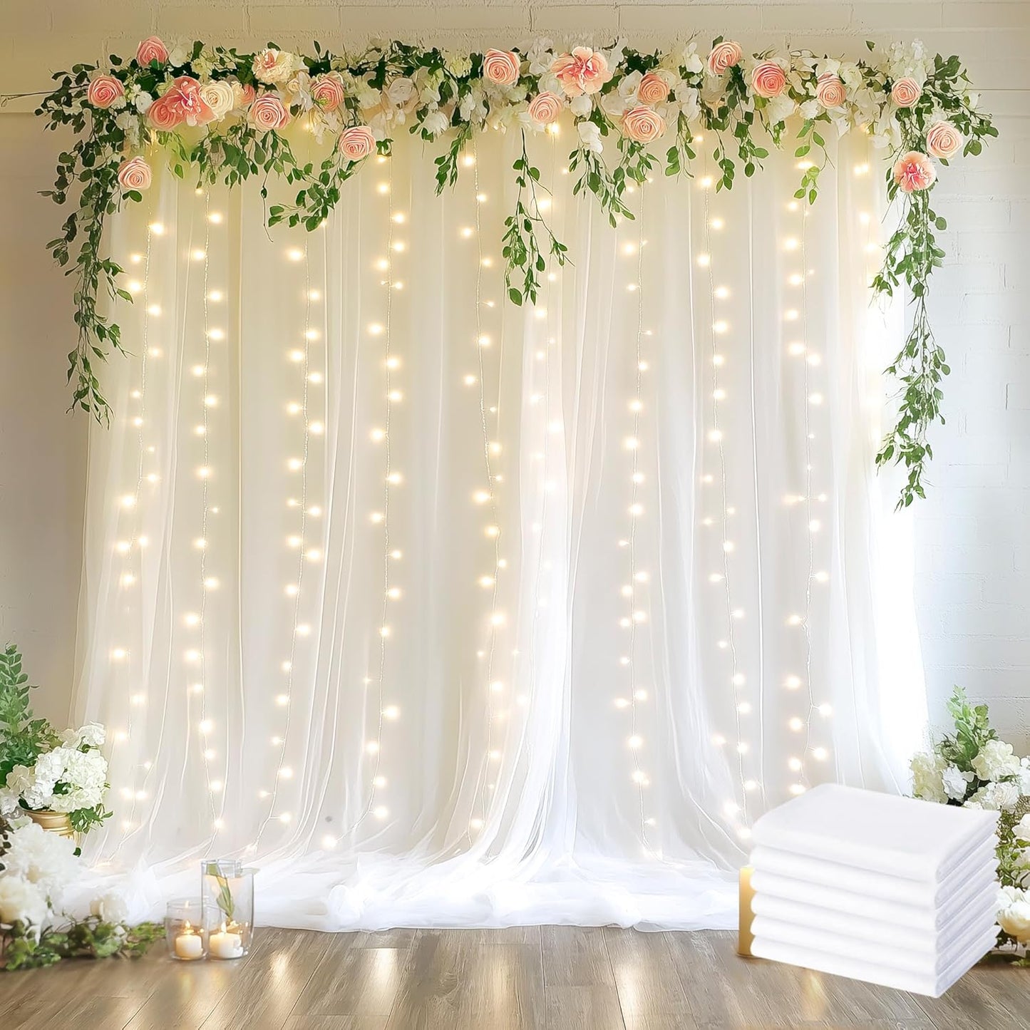 Fomcet Tulle Backdrop Curtains White 30FT X 8FT Tulle Curtains with Lights String Sheer Backdrop Curtain for Parties Wedding Baby Shower Photo Shoot Decorations (6 Panels 5 x 8FT)