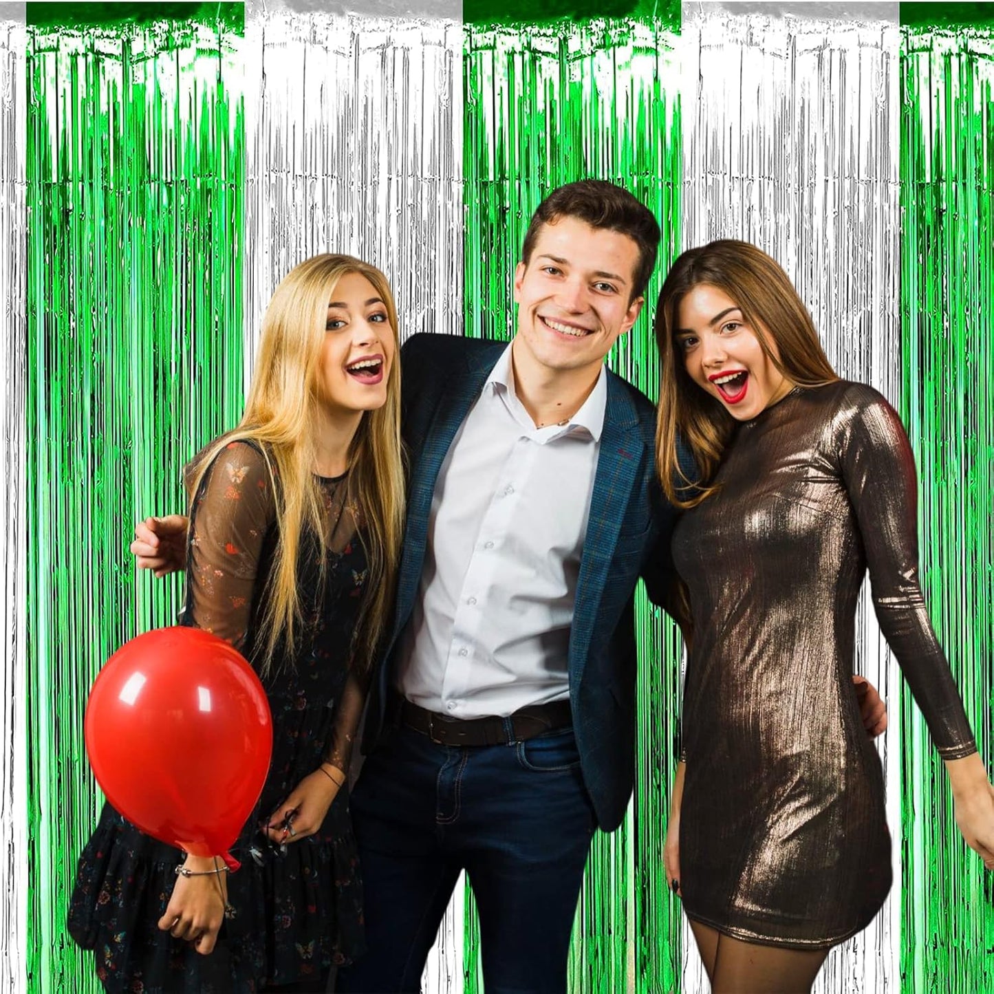 4 Pack Foil Fringe Curtain Backdrop, 3.28Ft x 8.2Ft Metallic Tinsel Foil Fringe Streamers Curtain for Photo Booth, Wedding, Mardi Gras Birthday Carnival St Patrick Day Party Decoration (Silver Green)