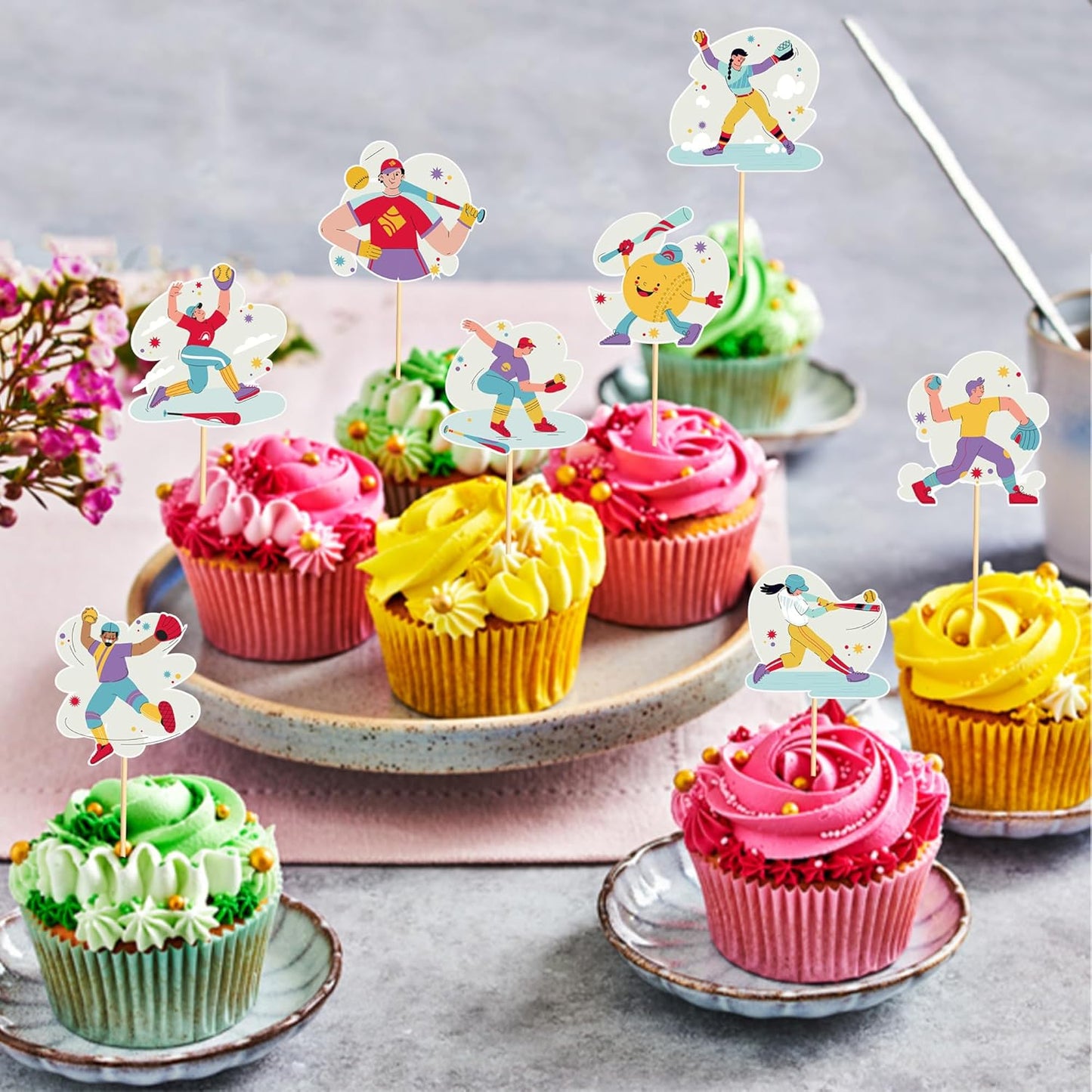 24pcs Baseball Cupcake Toppers Sports Game Baseball Players Cupcake Picks for Sports Baseball Theme Baby Shower Kids Boys Girls Birthday Party Cake Decorations Supplies
