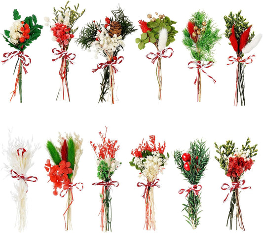 10/12/24/36 Pack Mini Dried Flowers for Vase Wedding Various Mini Bouquet Dried Small Wildflowers Natural Flowers Bulk for Crafts DIY Decor (12, Christmas Color)