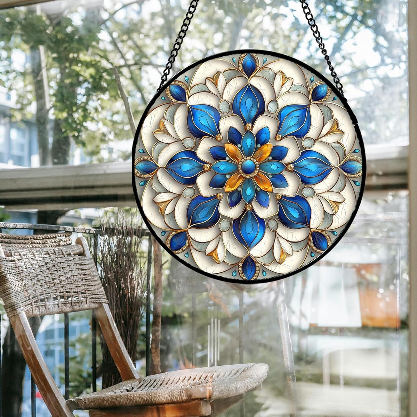 Stained Glass Window Hanging - Blue and White Abstract Flowers Suncatcher for Door Terrace Garden Home Decor, Gold Sun Catcher Birthday Gifts for Lovers Women Men Dad Mom Nana 9.8 in