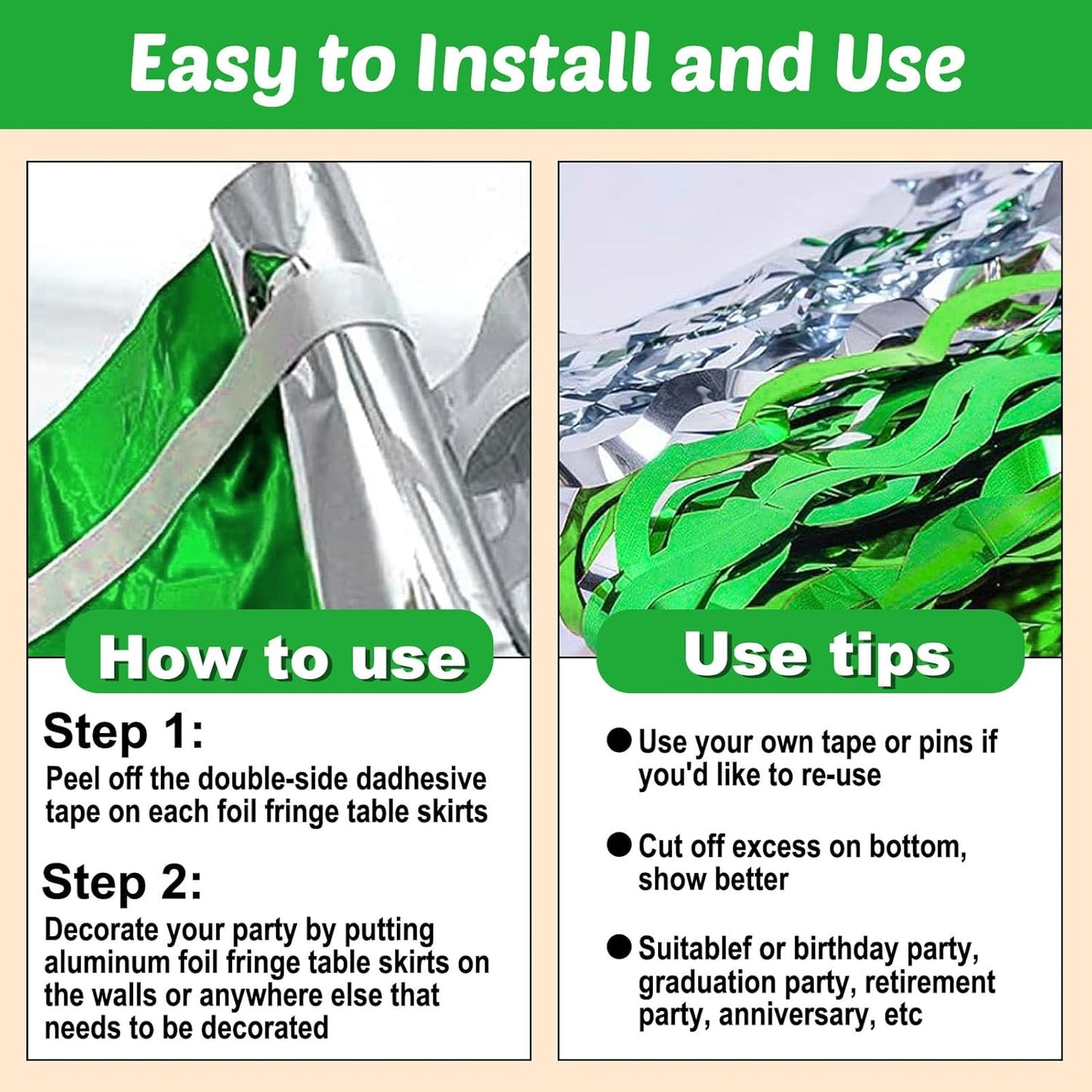 6 Pack 29x108 Inch Silver Green Wave Foil Fringe Table Skirts Metallic Banner for Tinsel Streamer Garland Backdrop for Parade Floats Wedding, Mother's Day, Birthday Mardi Gras Party Decorations