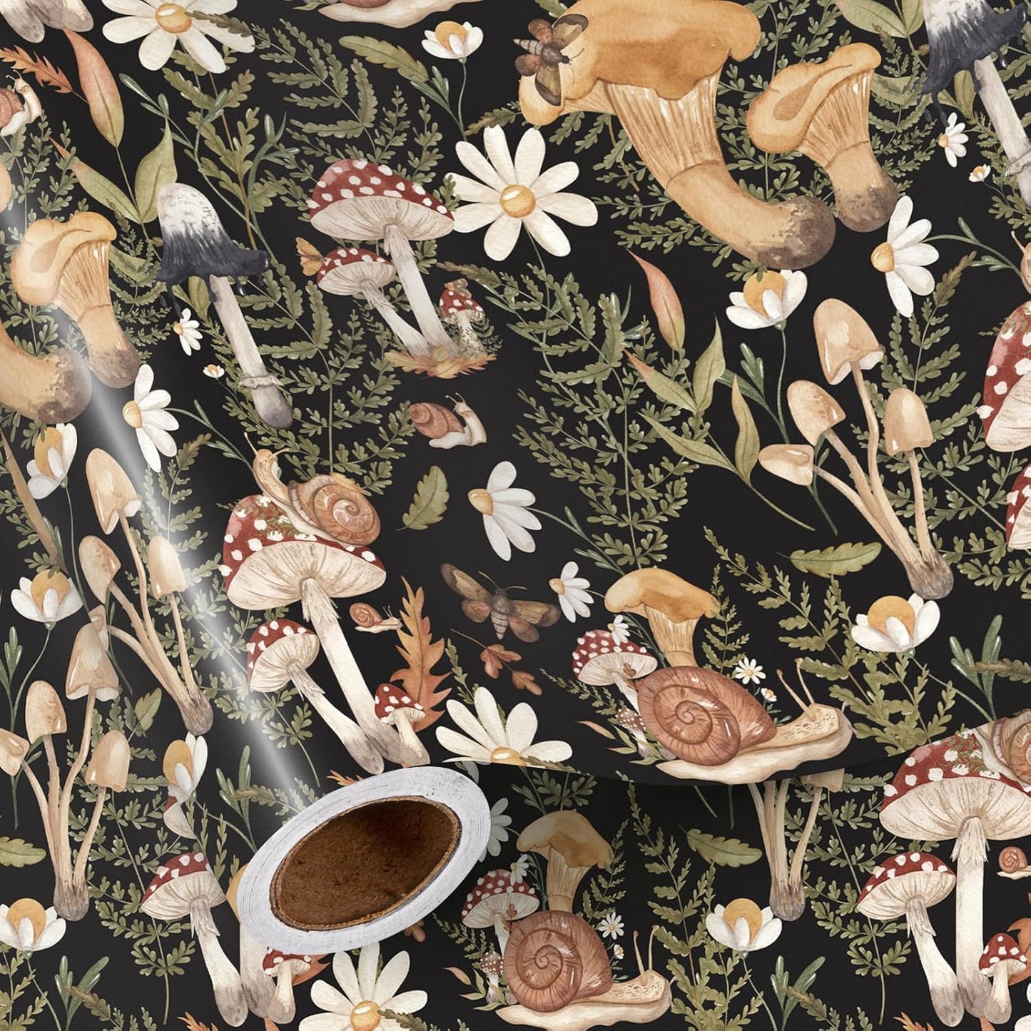 RUSPEPA Forest Mushroom Wrapping Paper Roll, Mini Roll, Woodland Squirrel and Snail Design, Black Nature Gift Wrap for Fall, Birthday, Thanksgiving Party, 17 Inches x 16.4 Feet