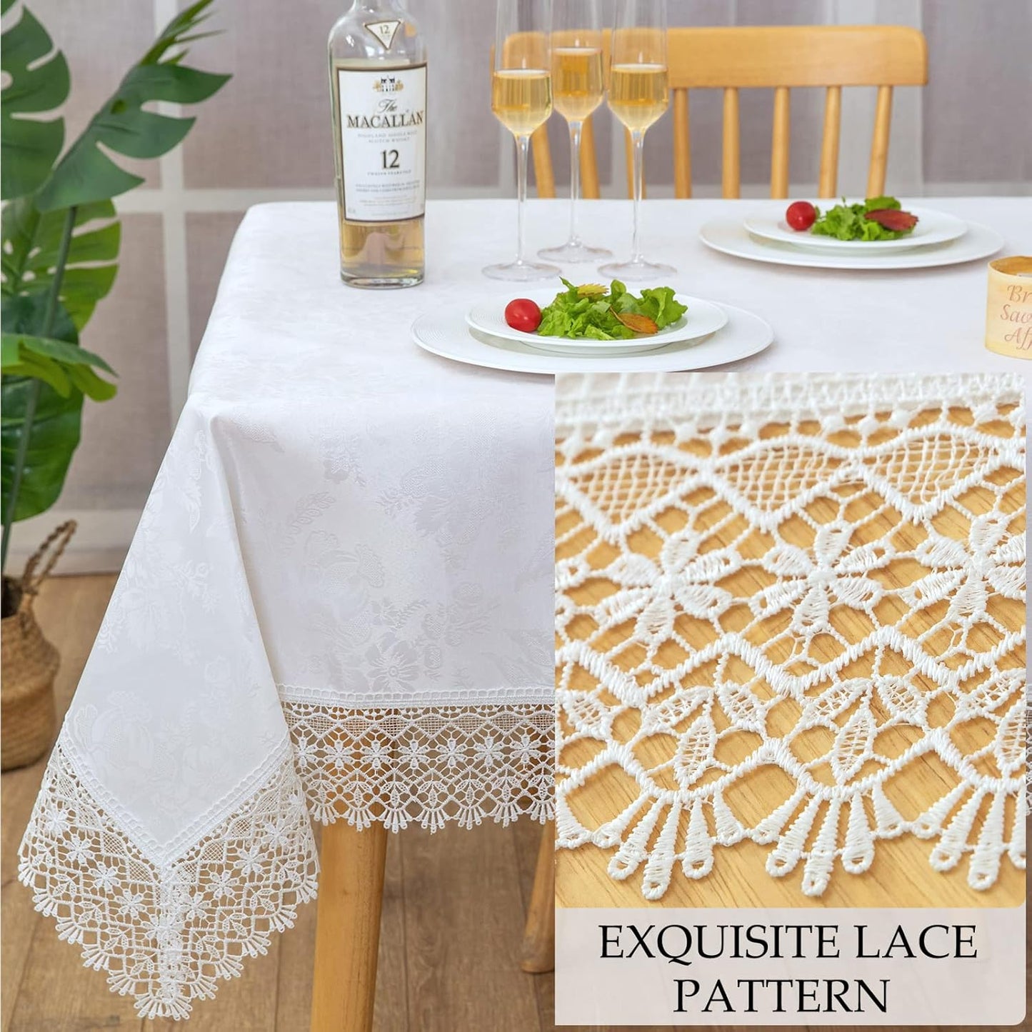 White lace Premium Rectangle Farmhouse Tablecloth Waterproof OilProof SpillProof AntiShrink Soft Wrinkle Resistant Decorative Fabric Table Cover Kitchen Dinning Party Wedding Banquet