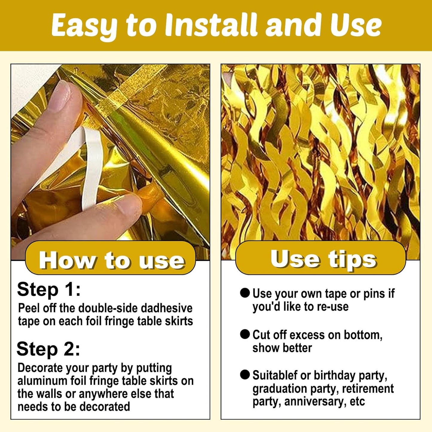 6 Pack 29x108 Inch Gold Wave Foil Fringe Table Skirts Metallic Banner for Tinsel Streamer Garland Backdrop for Parade Floats Wedding, Mother's Day, Birthday Mardi Gras Party Decorations