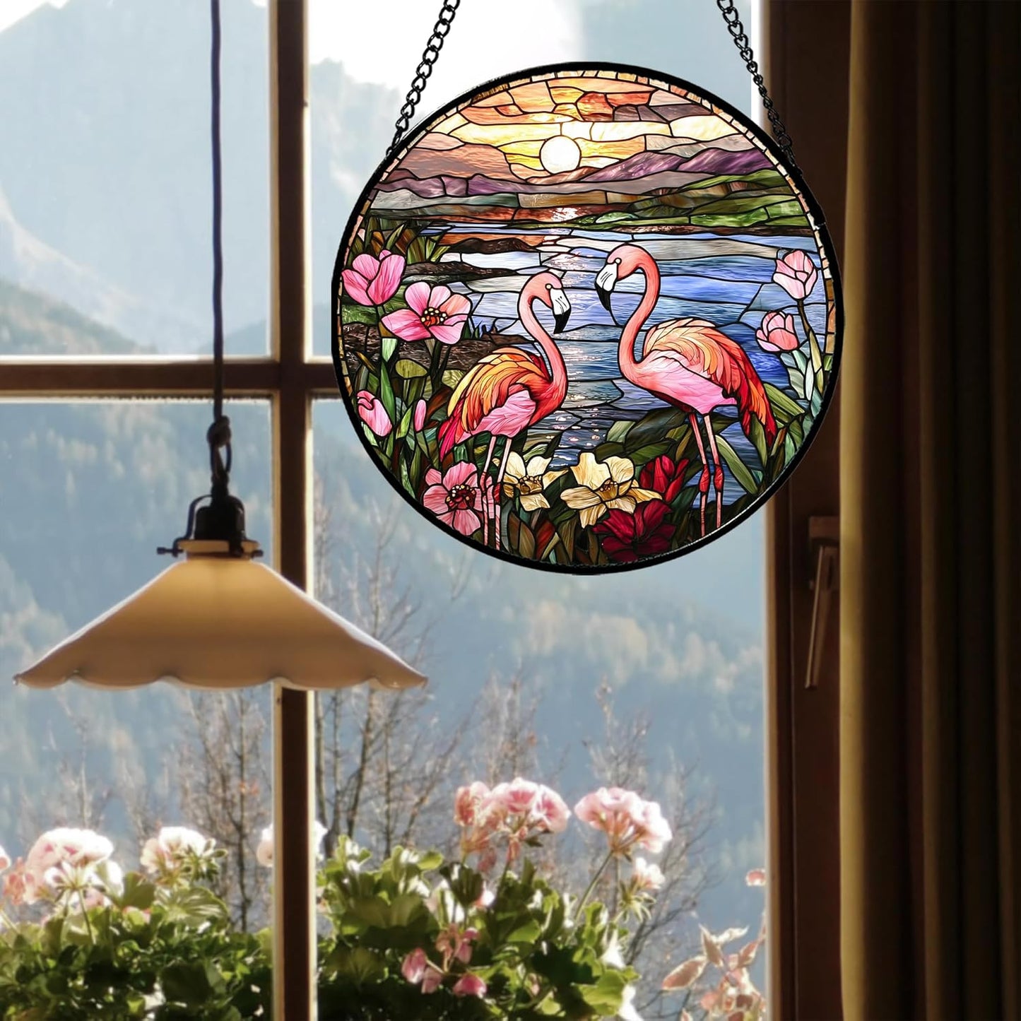 Stained Glass Window Hanging - Flamingo Wildflowers Landscape Suncatcher for Door Terrace Garden Home Decor Sunset Lake Sun Catcher Birthday Gifts for Lovers Women Men Dad Mom Nana 15 in