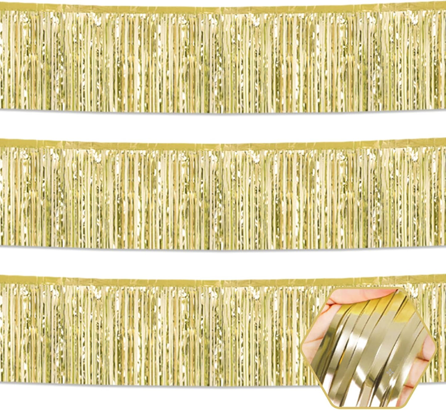 3 Pack 10 Long Light Gold Metallic Foil Fringe Garland Wall Hanging Tassle Banner, Mother's Day, Easter, Parade Floats, Birthday, Theme Party, Wedding Party Decorations