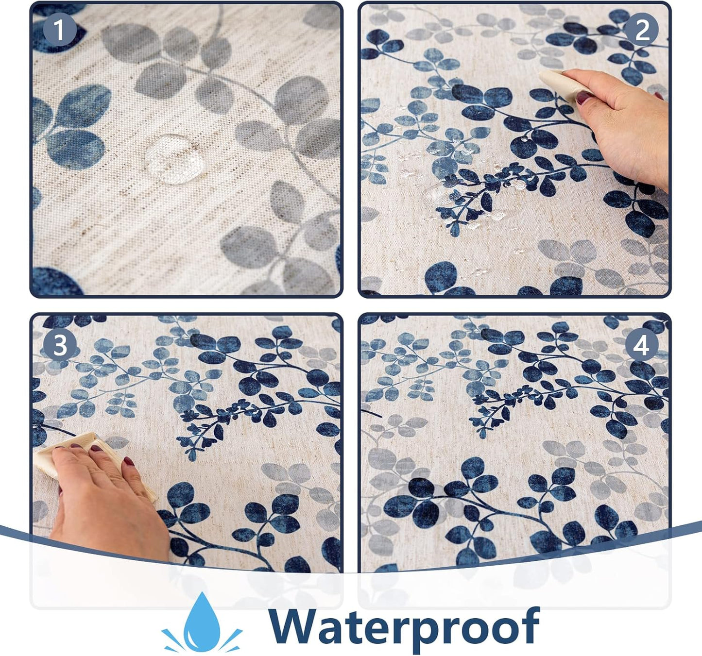 MYSKY HOME Floral Print Rectangle Tablecloth Waterproof Rectangular Table Cloth Linen Farmhouse Tablecloth for Kitchen Dining Spring Leaves Tablecloth for 6 Feet Table，60 x 102 Inches, Blue