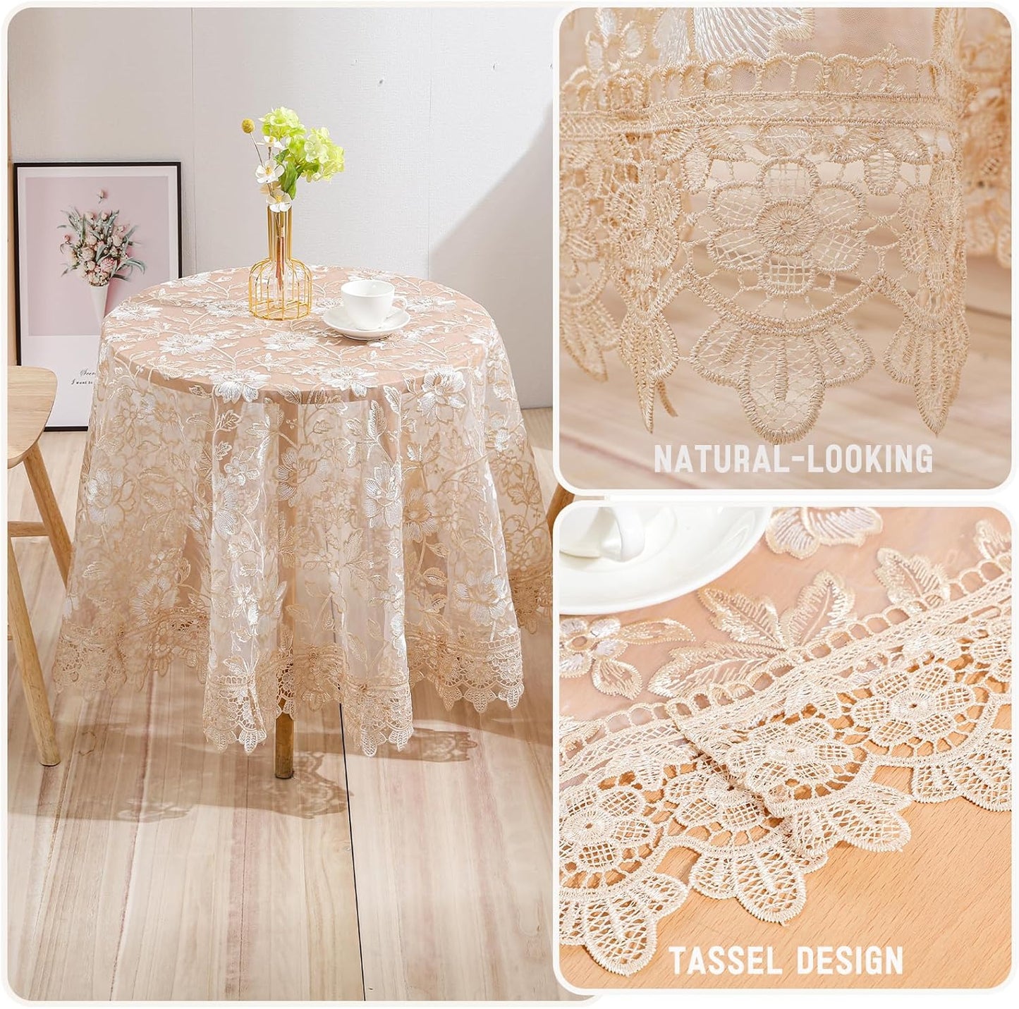 Round Embroidered Lace Tablecloth Vintage Decorative Exquisite Border Table Cover for Party Wedding Home Decorations, Round-60, Beige