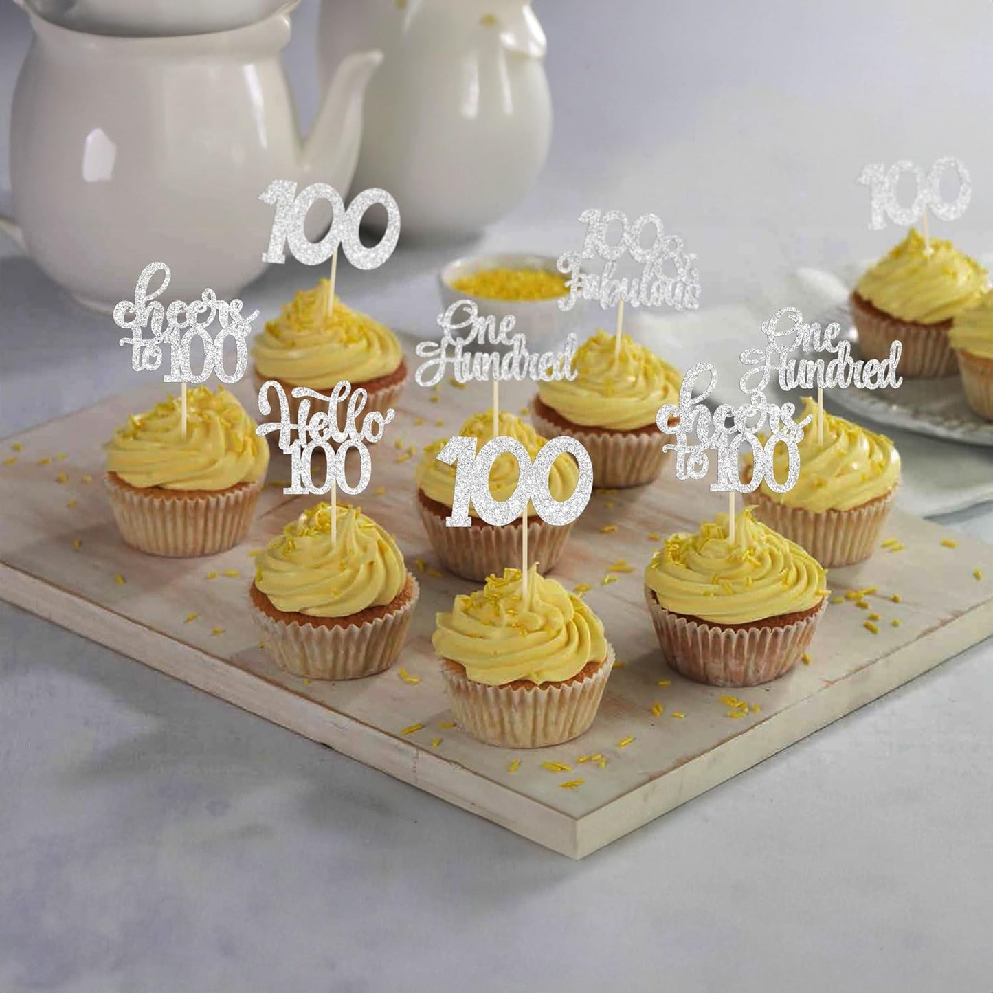 30pcs Happy 100th Birthday Cupcake Toppers - Silver Glitter One Hundred Cheers to 100 Years Old Cupcake Picks for Anniversary Party Cake Decorations