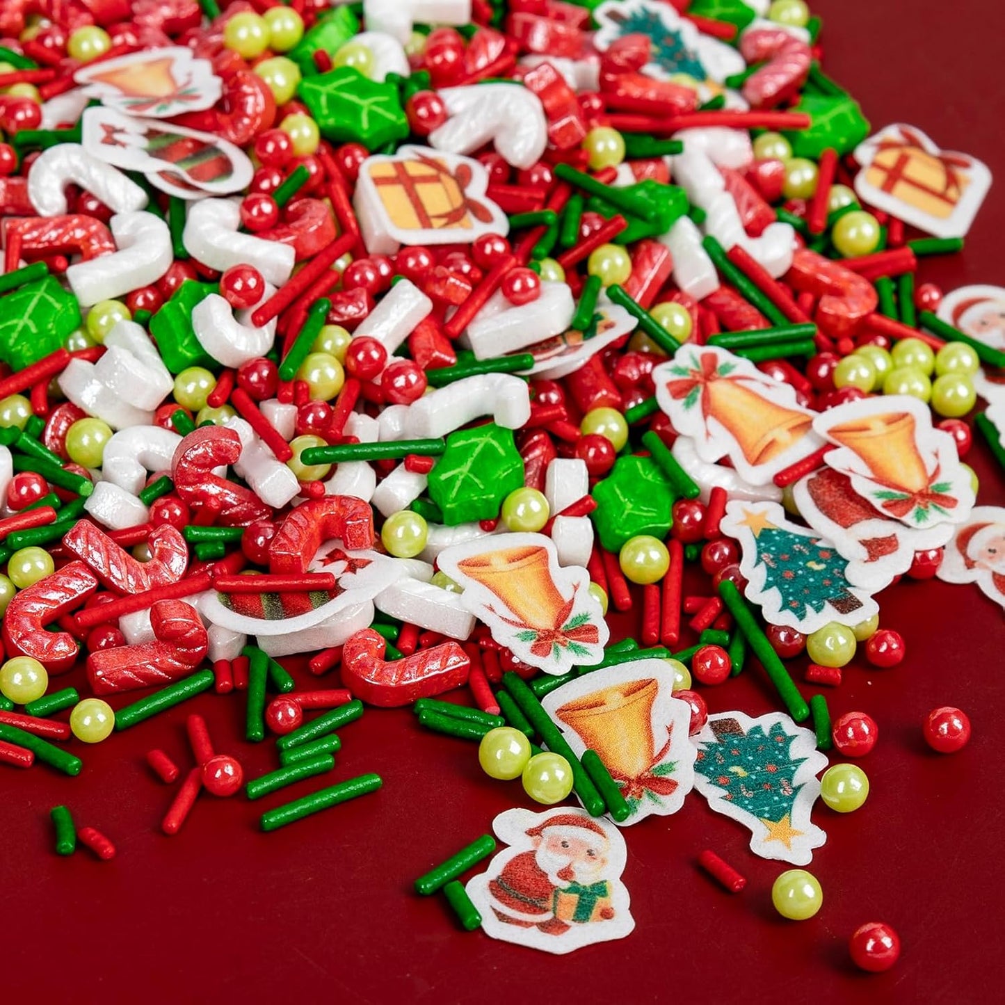 Edible Christmas Sprinkles for Cake Decorating,130g White Red Candy Cane,Red Green Pearls and Jimmies, Christmas Trees and Theme Glutinous Rice Paper,Sugar Holiday sprinkle for Cupcake Toppers, Cookie, Ice Cream Decorations Party Supplies