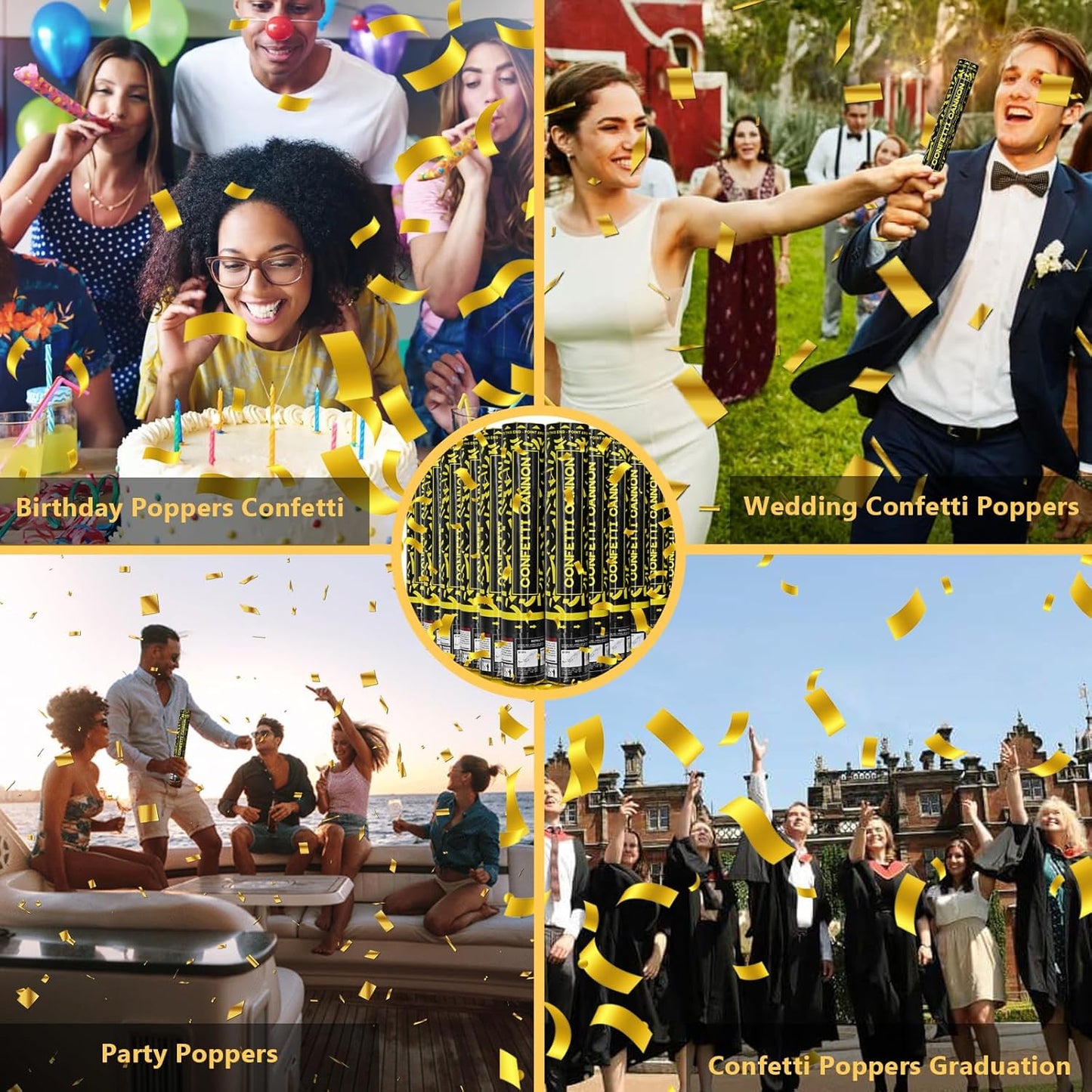 Gold Confetti Cannons 12 Pack - 12 inch Party Poppers with Gold Foil Confetti for Weddings, Birthdays, Graduations, Christmas, New Year Eve Party Supply