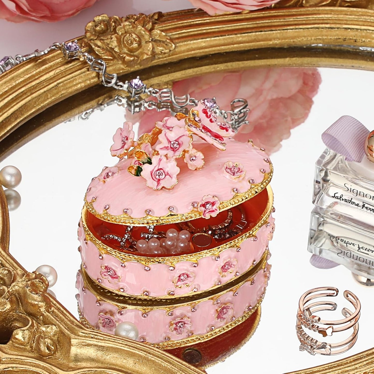 ELLDOO Enamel Flower Butterfly Trinket Box, Mini Vintage Metal Hinged Decorative Box Ring Earrings Jewelry Organizer, Keepsake Home Decor Gift Box for Women Girls, Pink