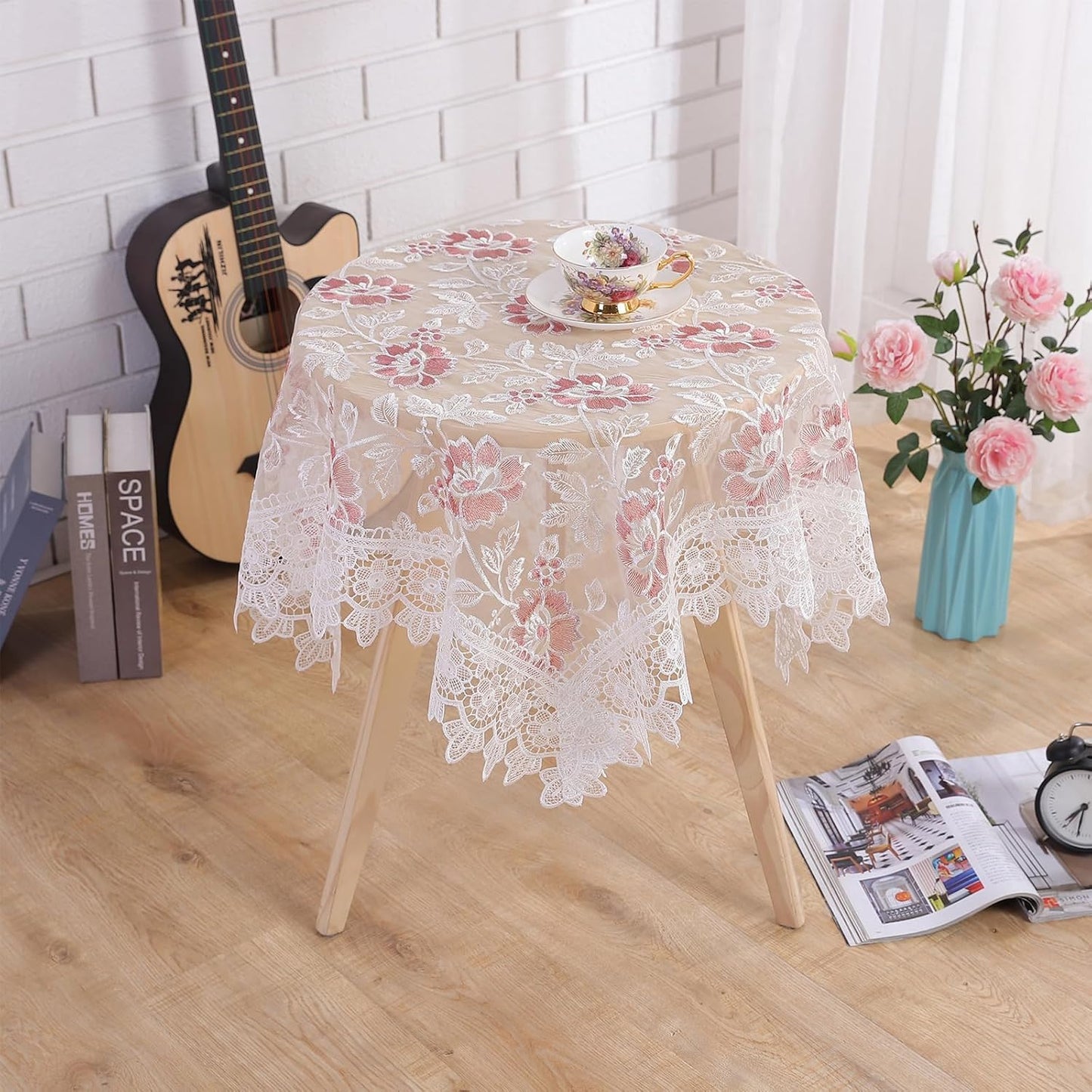 White Lace Tablecloth Round Embroidered Lace Tablecloth Vintage Decorative Exquisite Border Table Cover for Party Wedding Home Decorations, Round-48, White