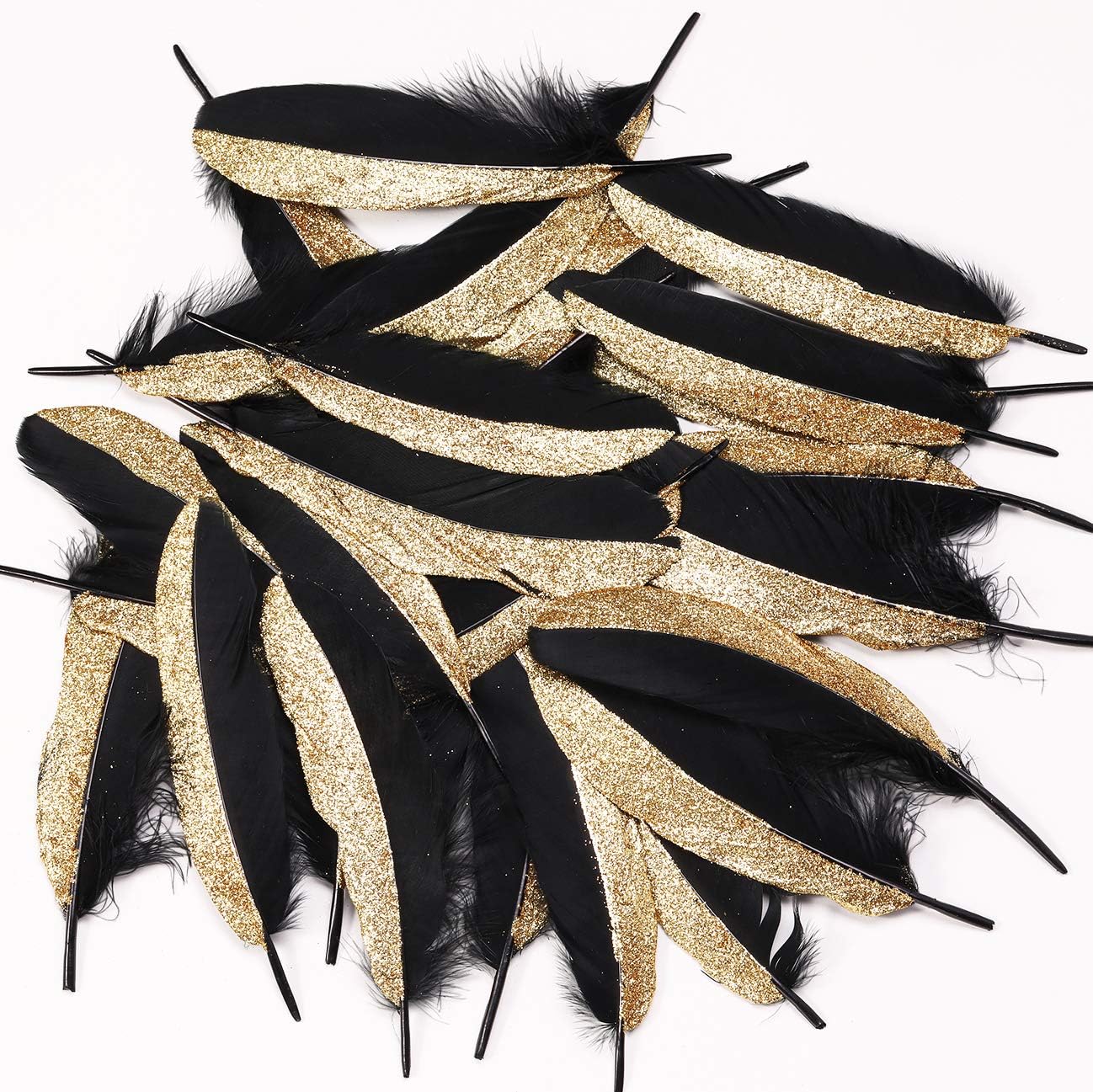BABEYOND 42 Pcs 1920s Gatsby Gold Dipped Feather Natural Décor Glitter Feather for 20s Party Decoration Wedding Decoration (Black & Gold)