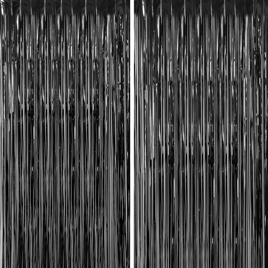 CHRORINE 2pcs 3ft x 8.3ft Black Tinsel Fringe Curtains Streamers Photo Backdrop for Birthday Graduation Halloween Anniversary Party Decorations