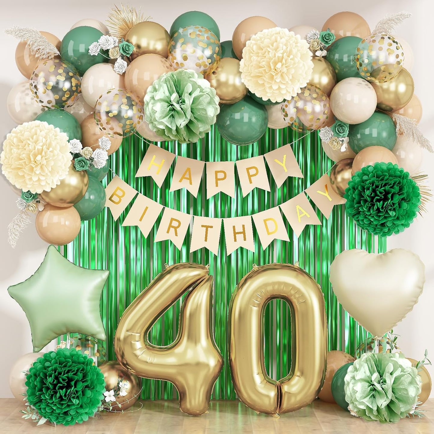 Sage Green 40th Birthday Decorations for Men Gold Number 40 Balloon Nude Gold Happy Birthday Banner Fringe Curtain Paper Pom Poms Olive Green Cream White Sand Star Foil Balloons Party Decor